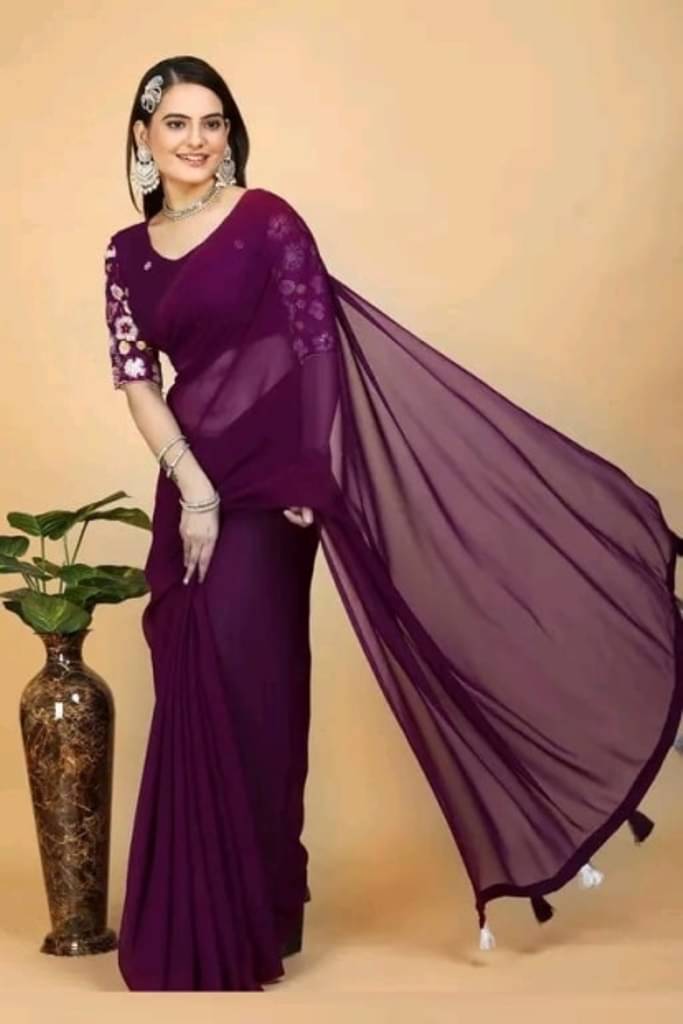 Genric 02 Georgette Self Design Maheshwari Saree With Unstitched Blouse Piece ( Wine ) Genric 02 Georgette Self Design Maheshwari Saree With Unstitched Blouse Piece ( Wine )