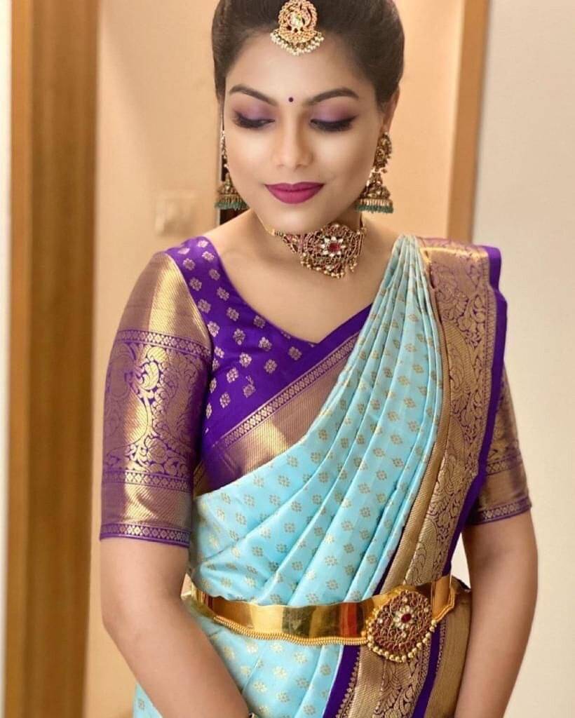 INDIAN SILKS Silk Blend Printed Banarasi saree With Unstitched Blouse Piece ( Blue )     			INDIAN SILKS Silk Blend Printed Banarasi saree With Unstitched Blouse Piece ( Blue )