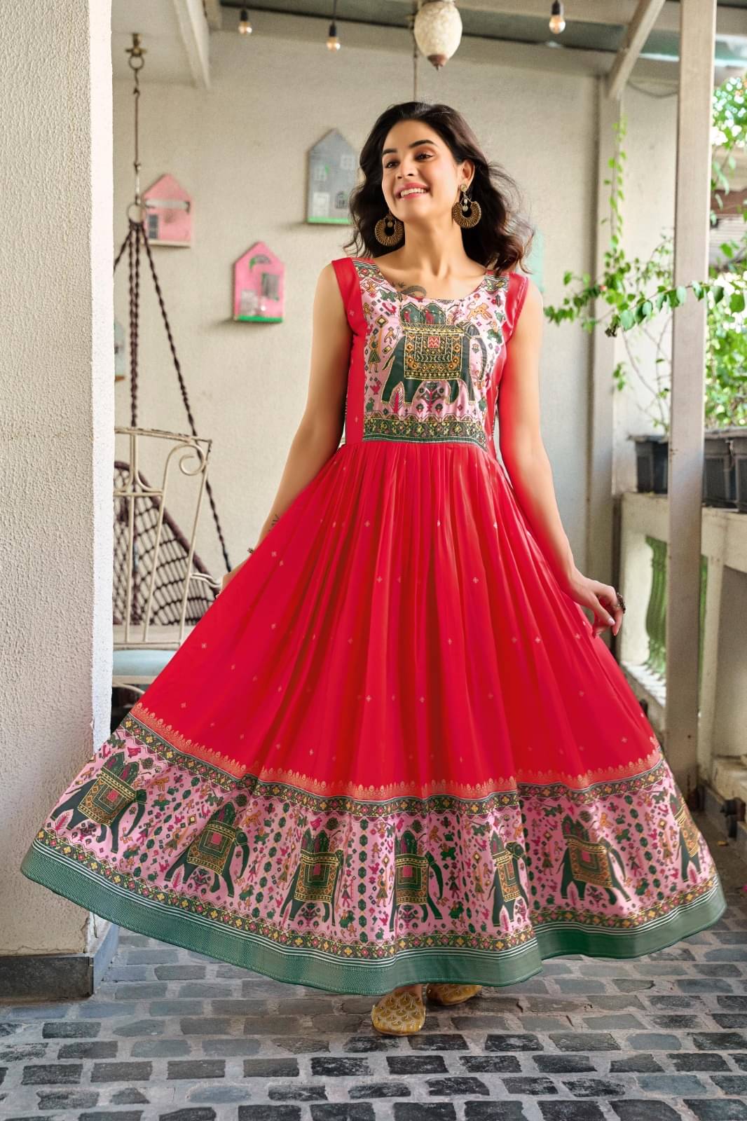     			INDIAN SILKS Women Silk Blend Printed Gown ( Red )