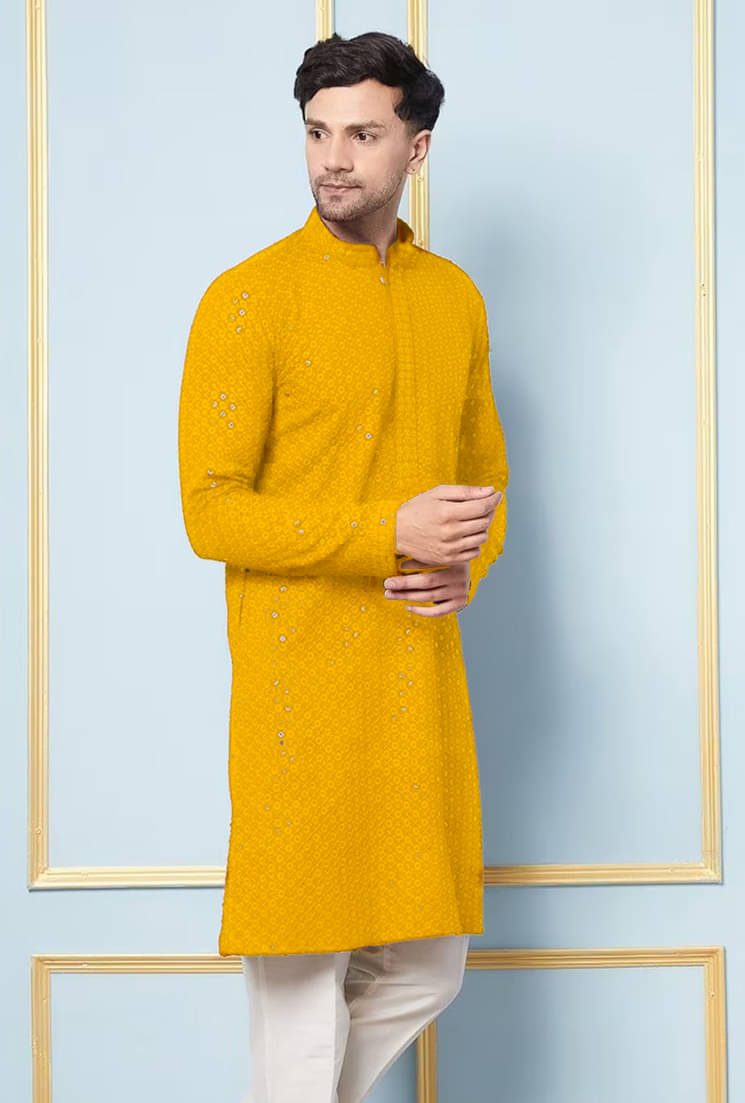     			Indian Poshakh Yellow Cotton Blend Men's Regular Kurta ( Pack of 1 )