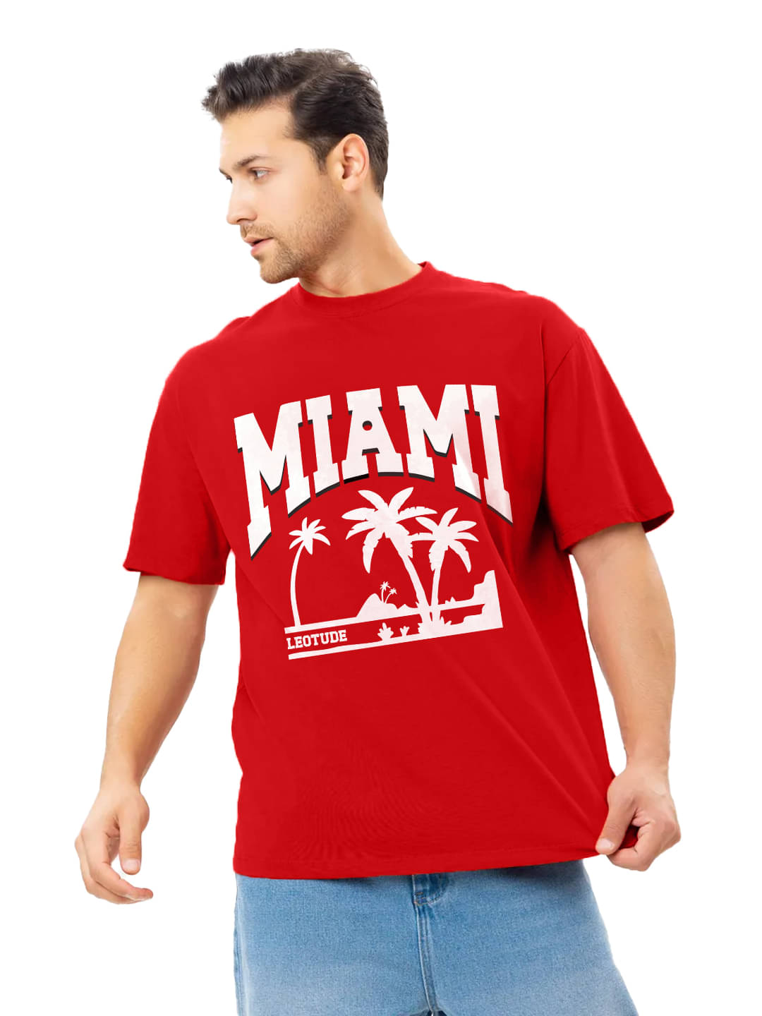     			Leotude Men Cotton Blend Oversized Fit Printed T-Shirt ( Red )