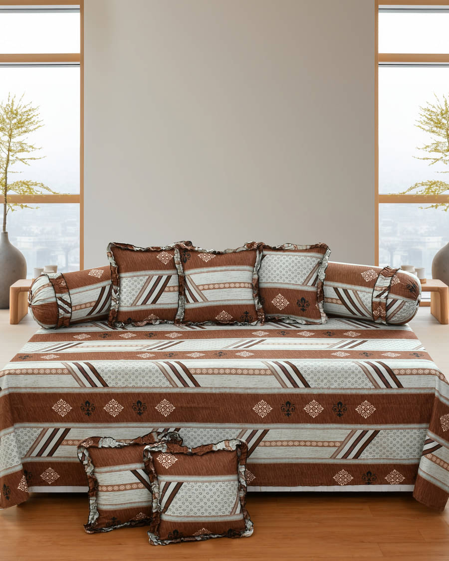     			Luxmi Cotton Fabrics Poly Cotton Abstract Diwan Set 8 Pcs - Brown