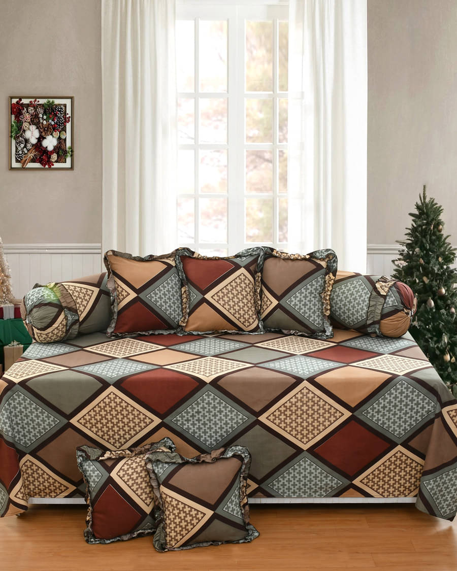 Luxmi Cotton Fabrics Poly Cotton Abstract Diwan Set 8 Pcs - Brown Luxmi Cotton Fabrics Poly Cotton Abstract Diwan Set 8 Pcs - Brown