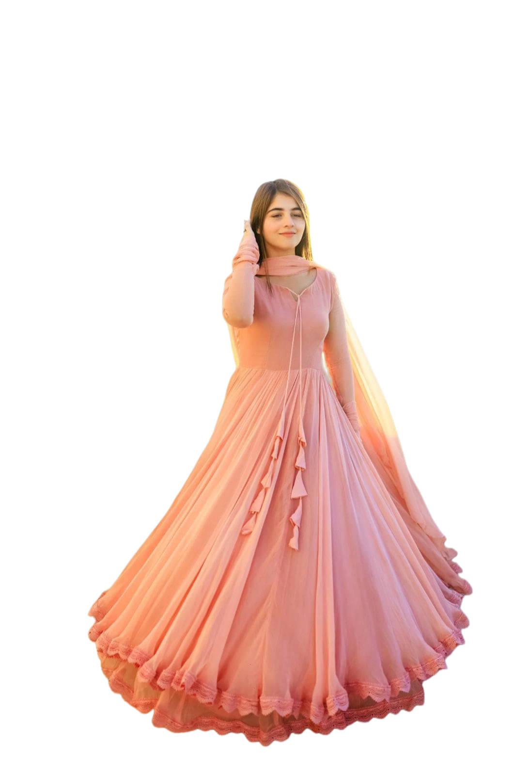     			Maa Enterprise Women Georgette Flared Stitched Ethnic Gown With Dupatta ( Peach )