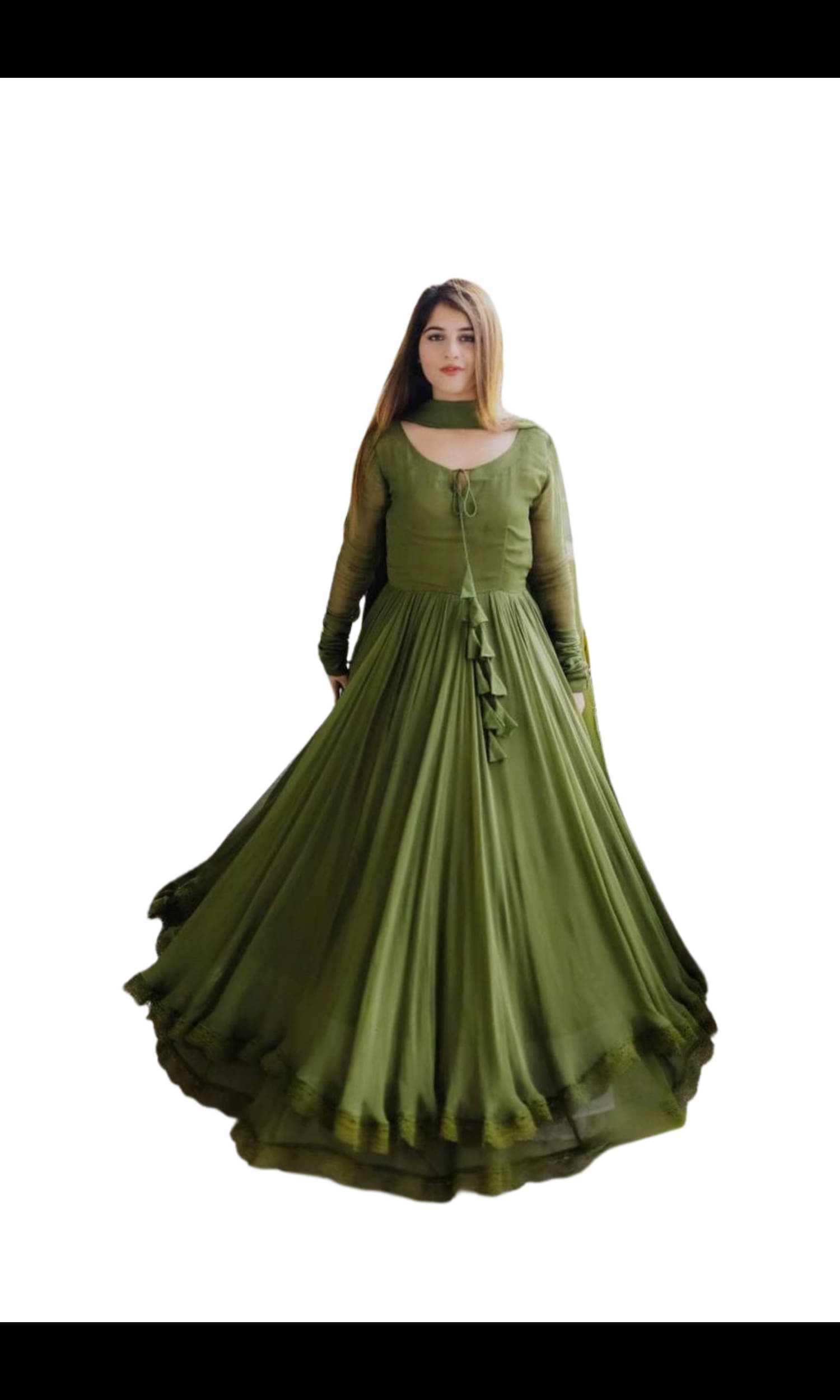     			Maa Enterprise Women Georgette Flared Stitched Ethnic Gown With Dupatta ( Green )