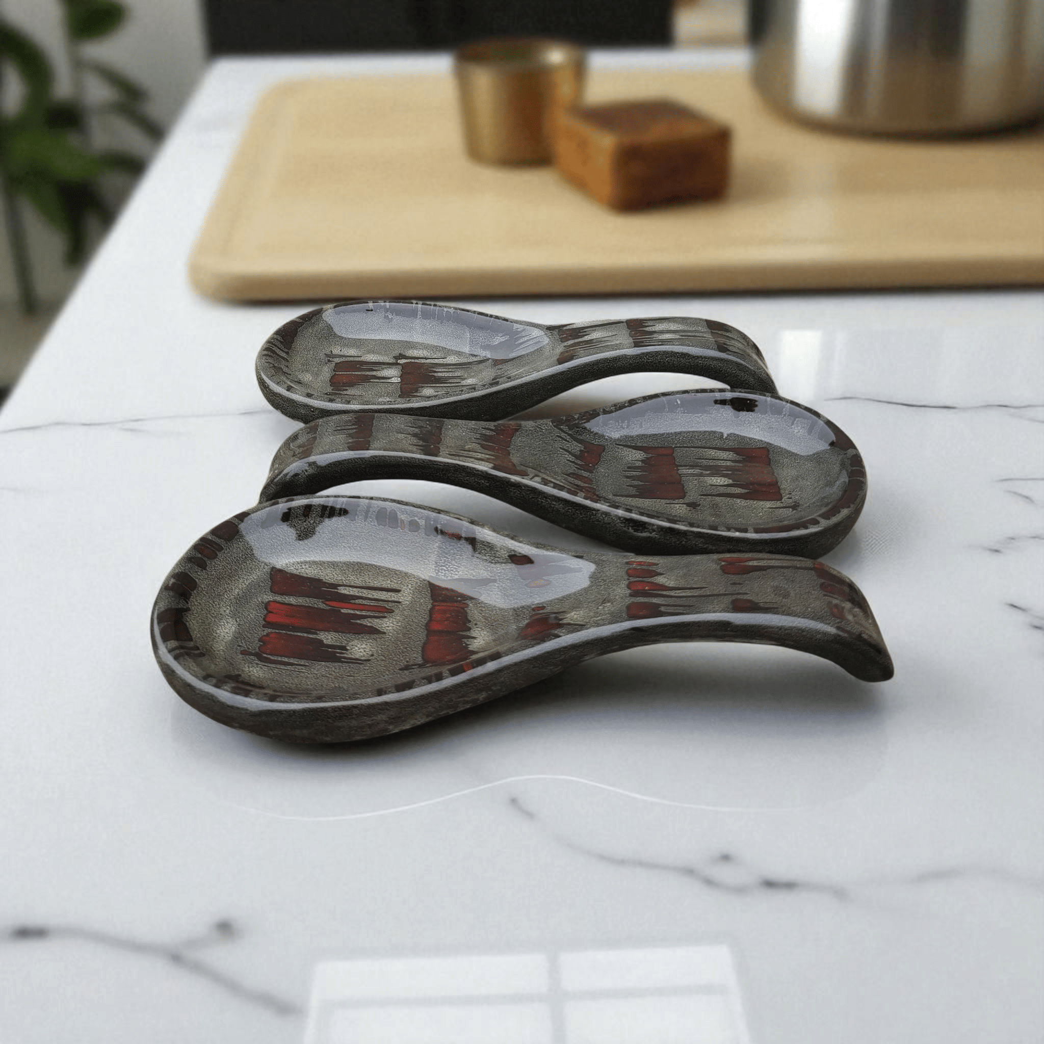     			Malaikah Red Spoon Rest Ceramic Printed Cutlery Holder Red ( Pack of 3 )