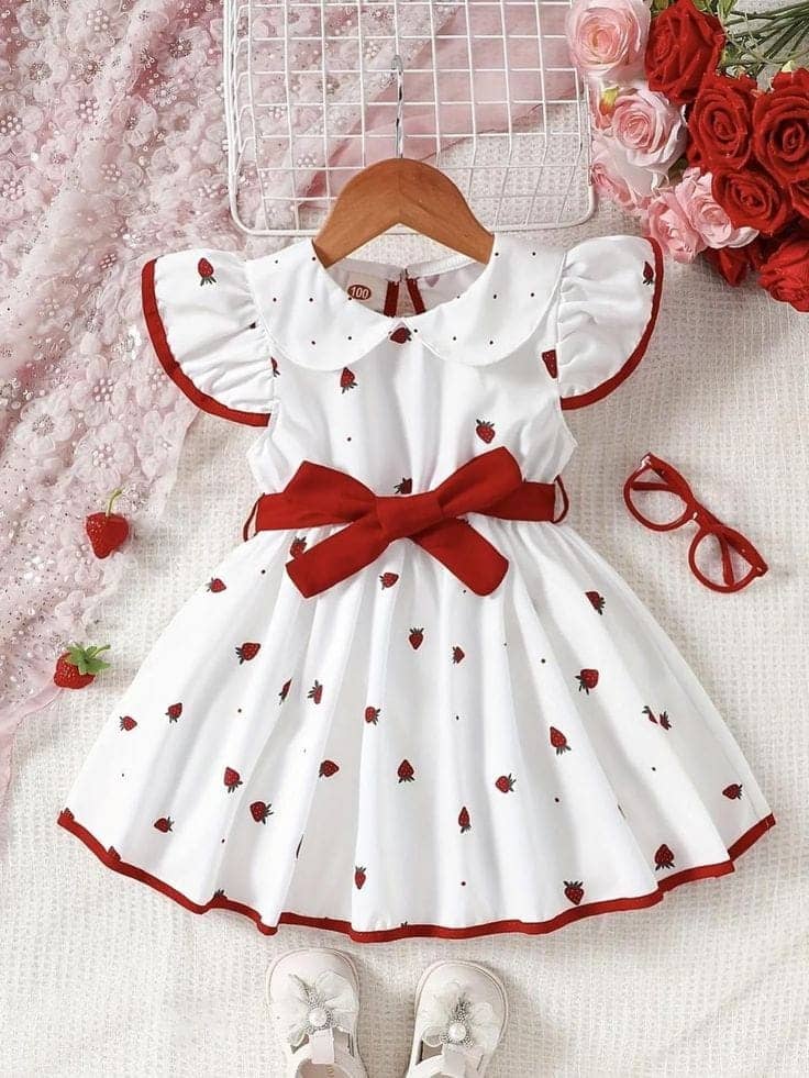 Mullick the designer Cotton Blend Frock For Girls ( Pack of 1 , White,Red )