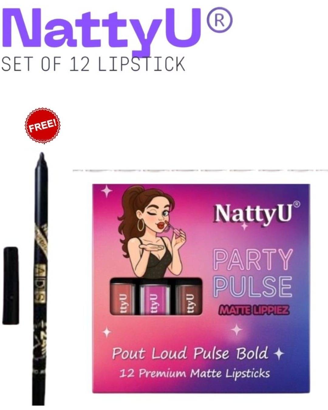     			NattyU Multi Matte Long Lasting Liquid Lipstick ( Pack of 12 )