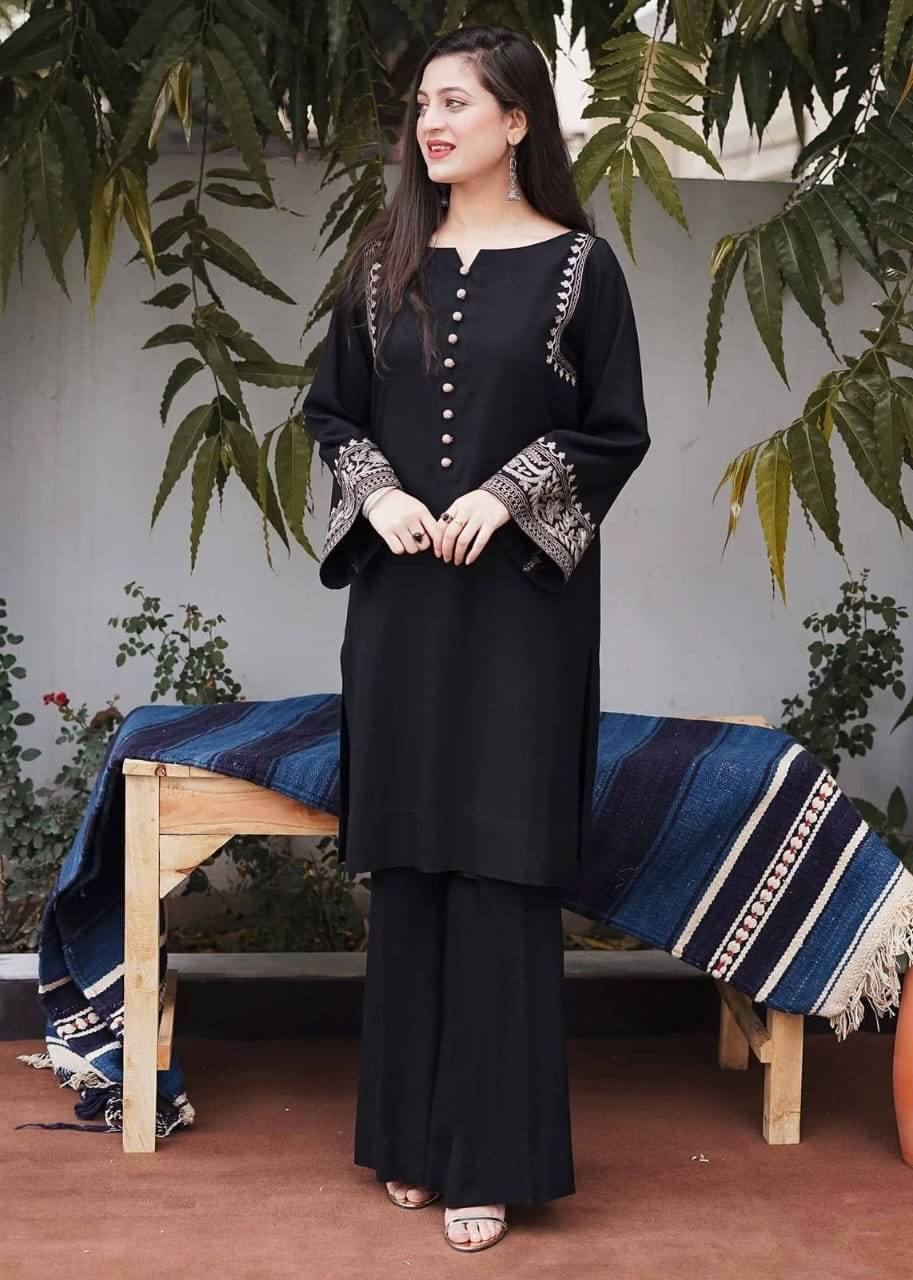 Nishu print Women Rayon Embroidered A-line Kurti With Pants ( Black )     			Nishu print Women Rayon Embroidered A-line Kurti With Pants ( Black )