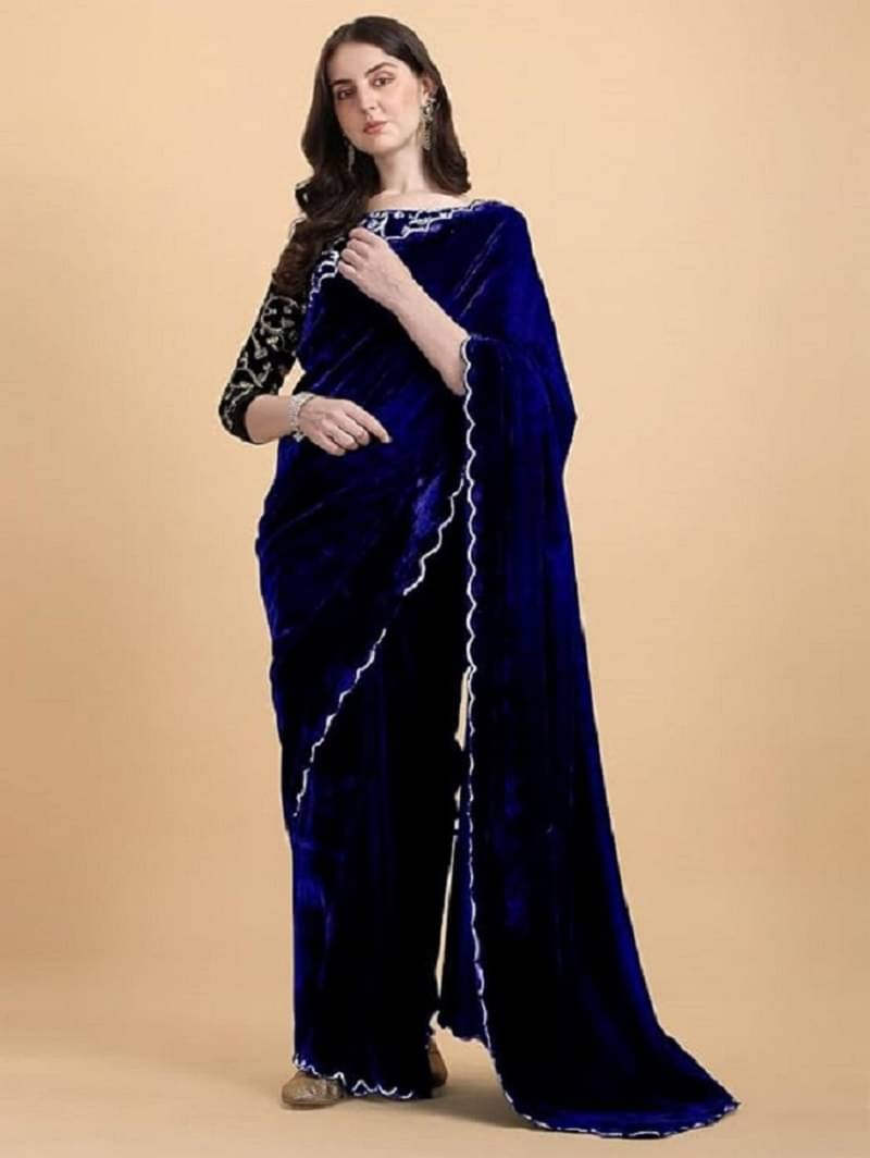 PALKAANO Velvet Embroidered Regular Saree With Unstitched Blouse Piece ( Aqua Blue )     			PALKAANO Velvet Embroidered Regular Saree With Unstitched Blouse Piece ( Aqua Blue )