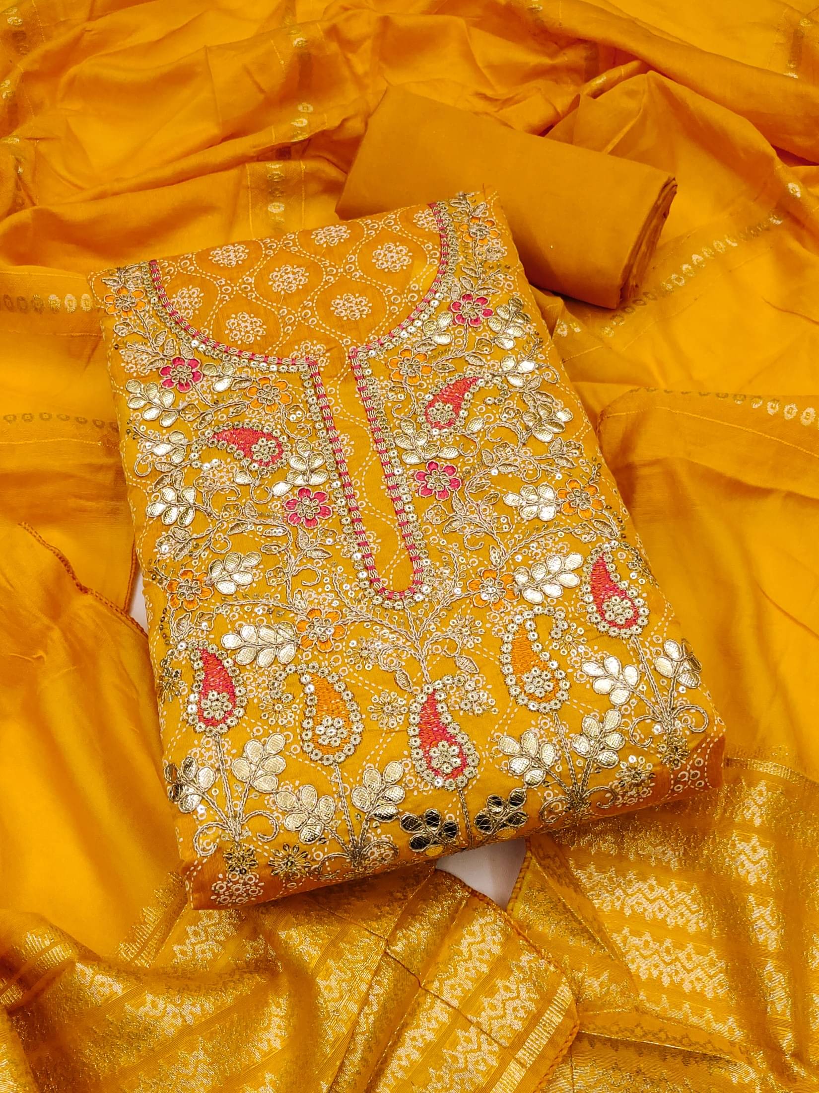PANZORA Women Chanderi Unstitched Dress Material ( Mustard ) PANZORA Women Chanderi Unstitched Dress Material ( Mustard )