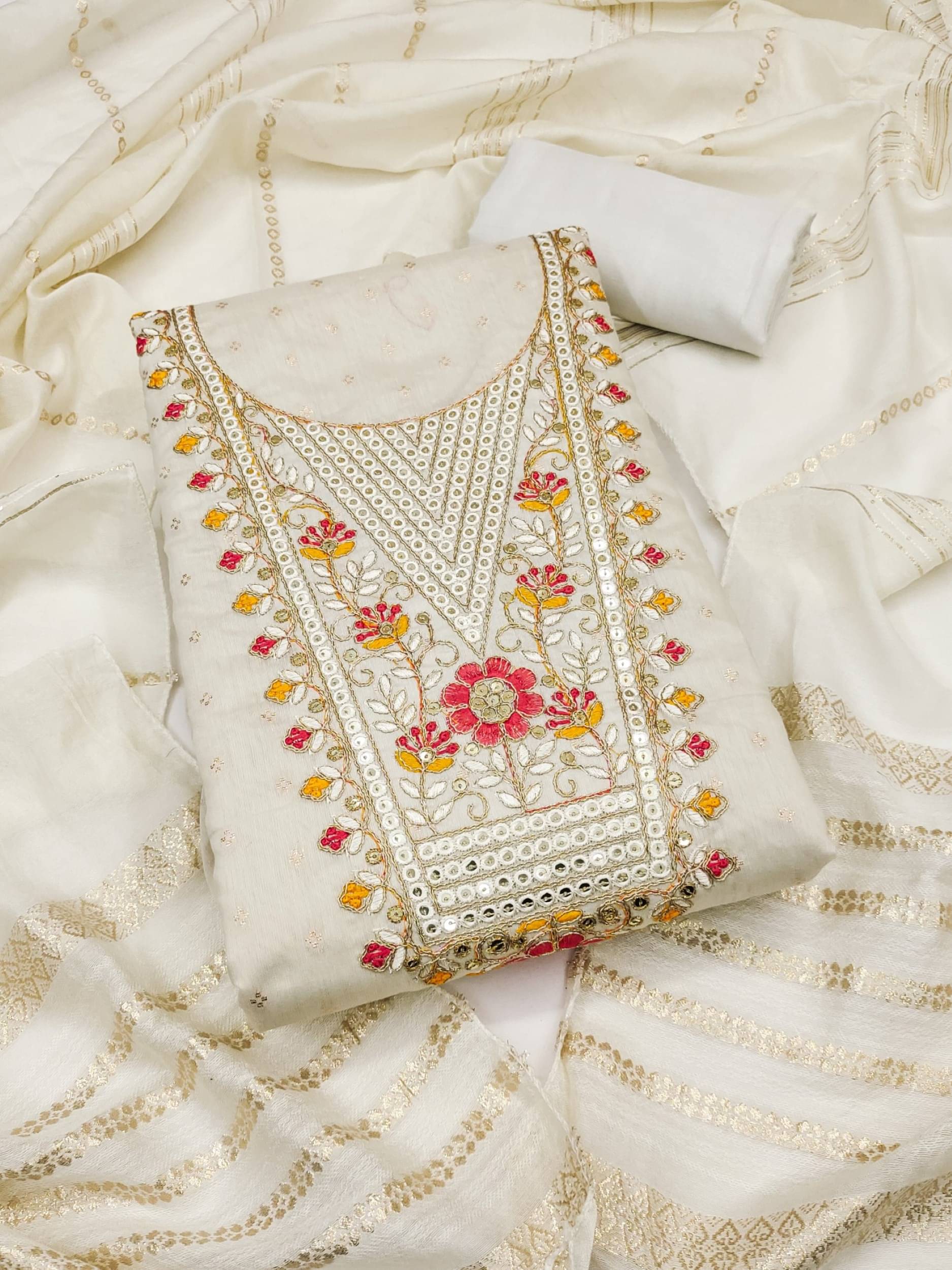 PANZORA Women Chanderi Unstitched Dress Material ( White ) PANZORA Women Chanderi Unstitched Dress Material ( White )