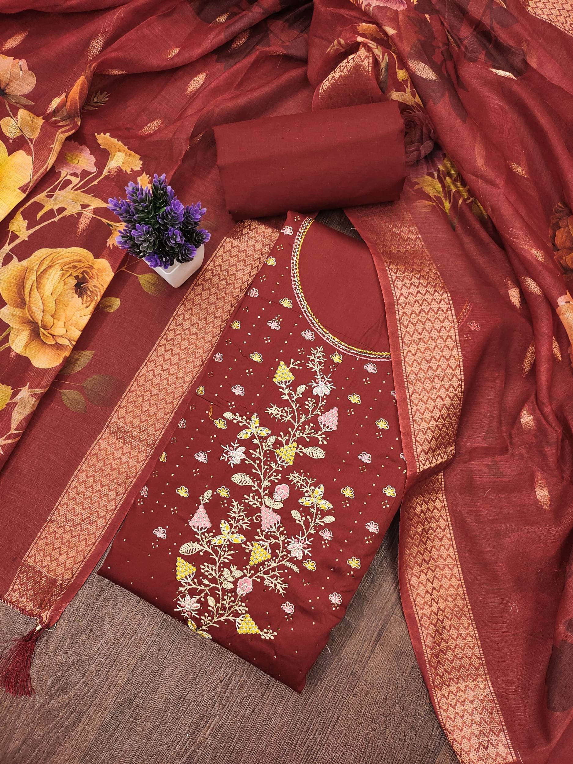 PANZORA Women Cotton Blend Unstitched Dress Material ( Brown ) PANZORA Women Cotton Blend Unstitched Dress Material ( Brown )