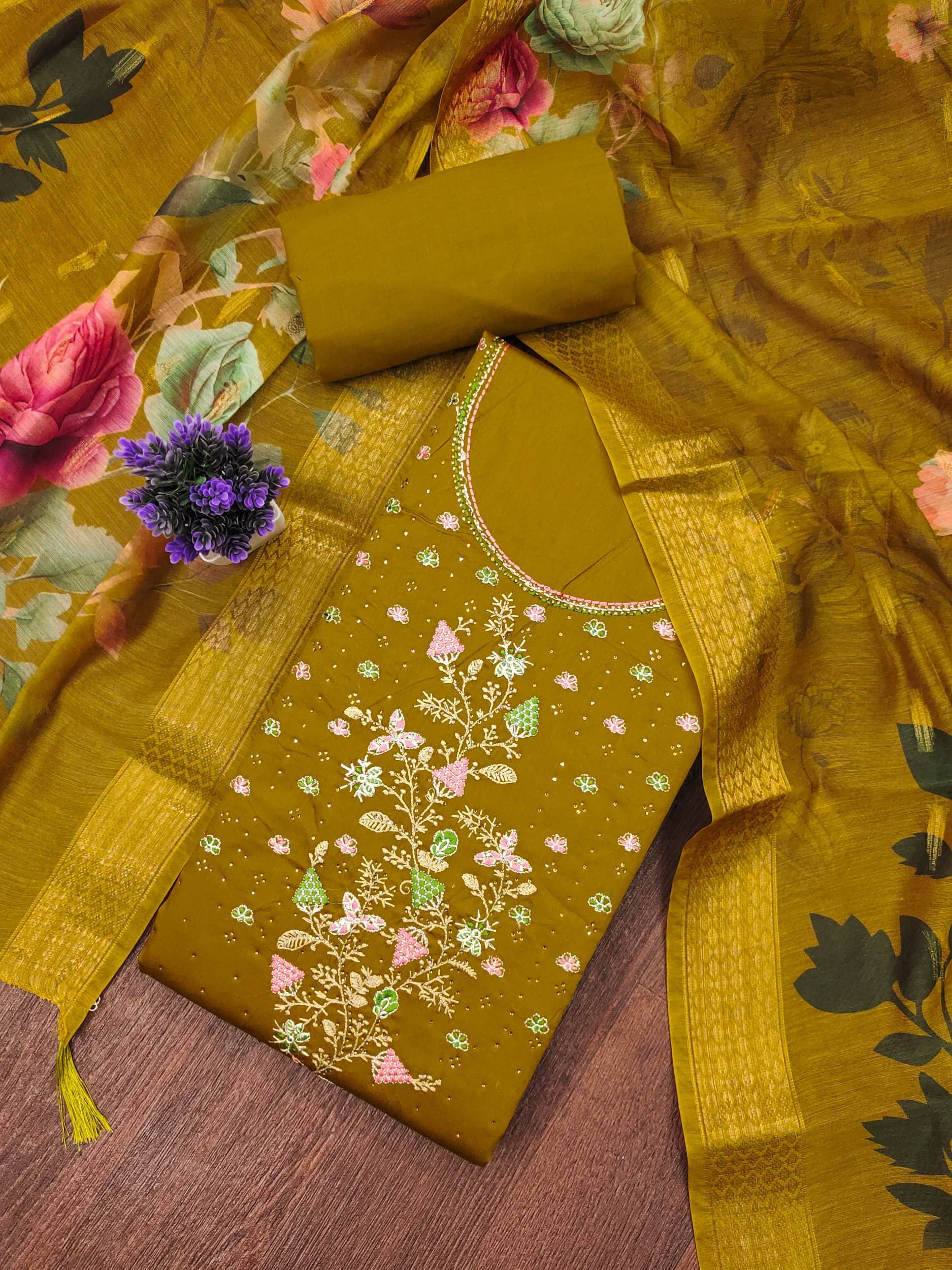 PANZORA Women Cotton Blend Unstitched Dress Material ( Mustard ) PANZORA Women Cotton Blend Unstitched Dress Material ( Mustard )