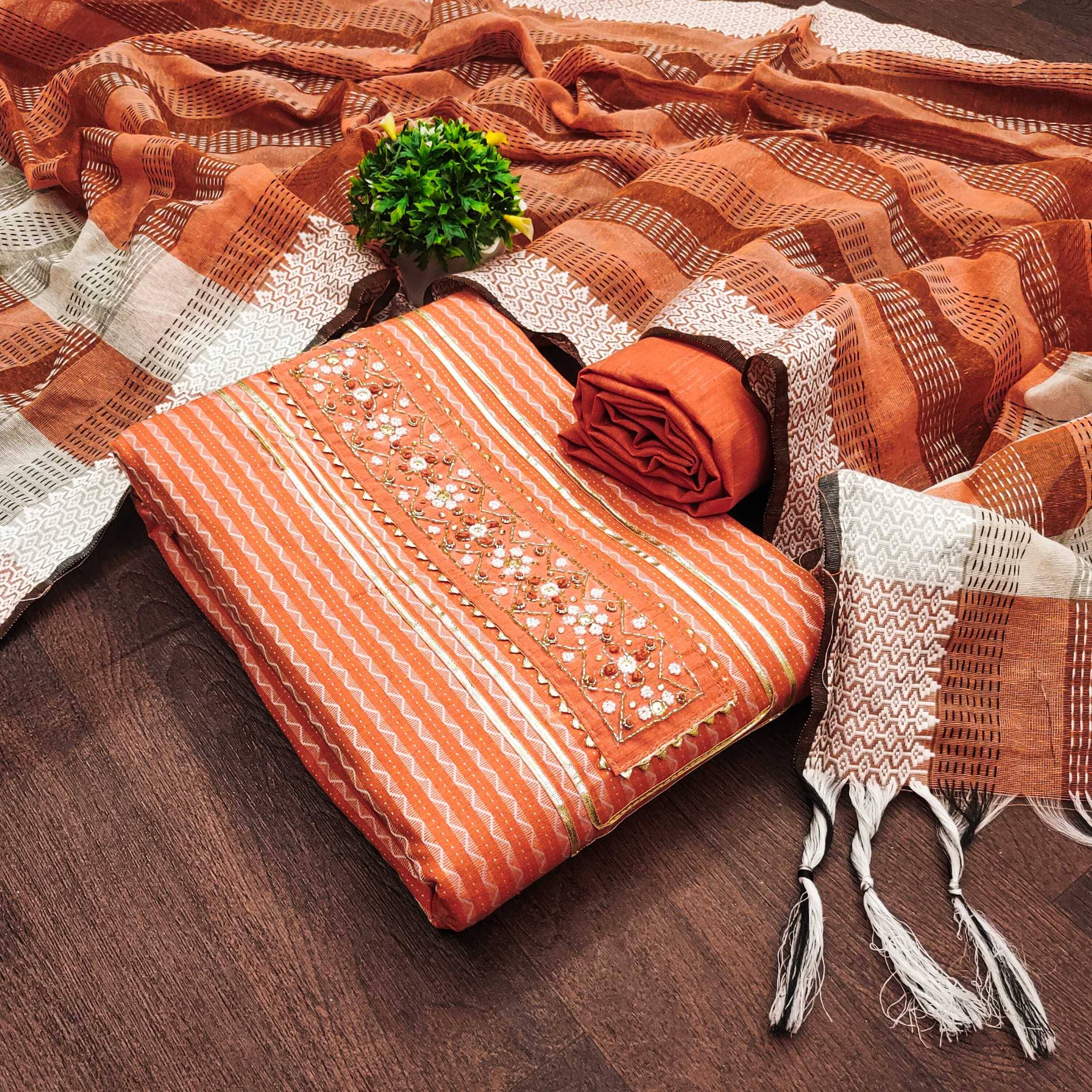     			PANZORA Women Jacquard Unstitched Dress Material ( Orange )