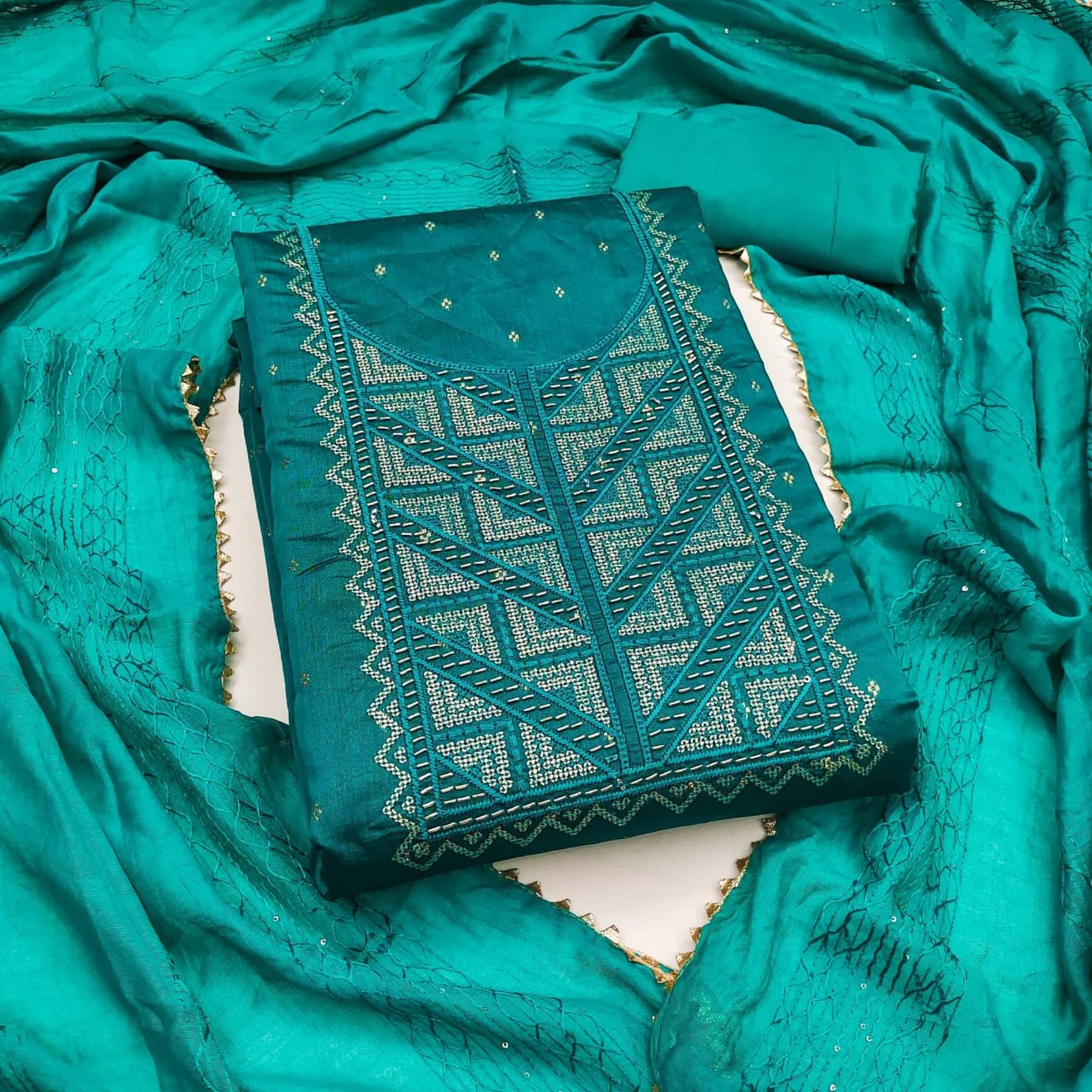     			PANZORA Women Jacquard Unstitched Dress Material ( Teal )