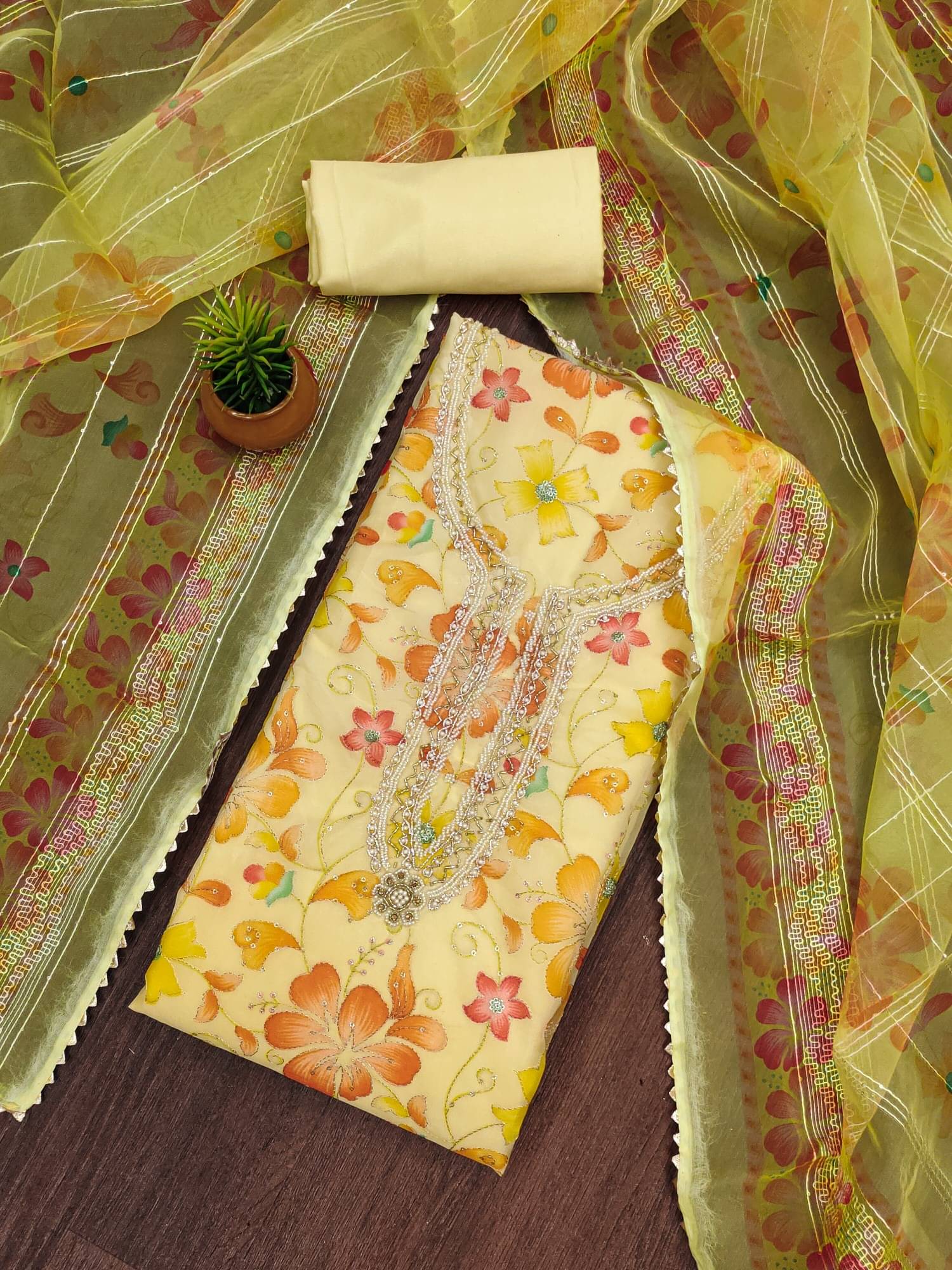     			PANZORA Women Organza Unstitched Dress Material ( Yellow )