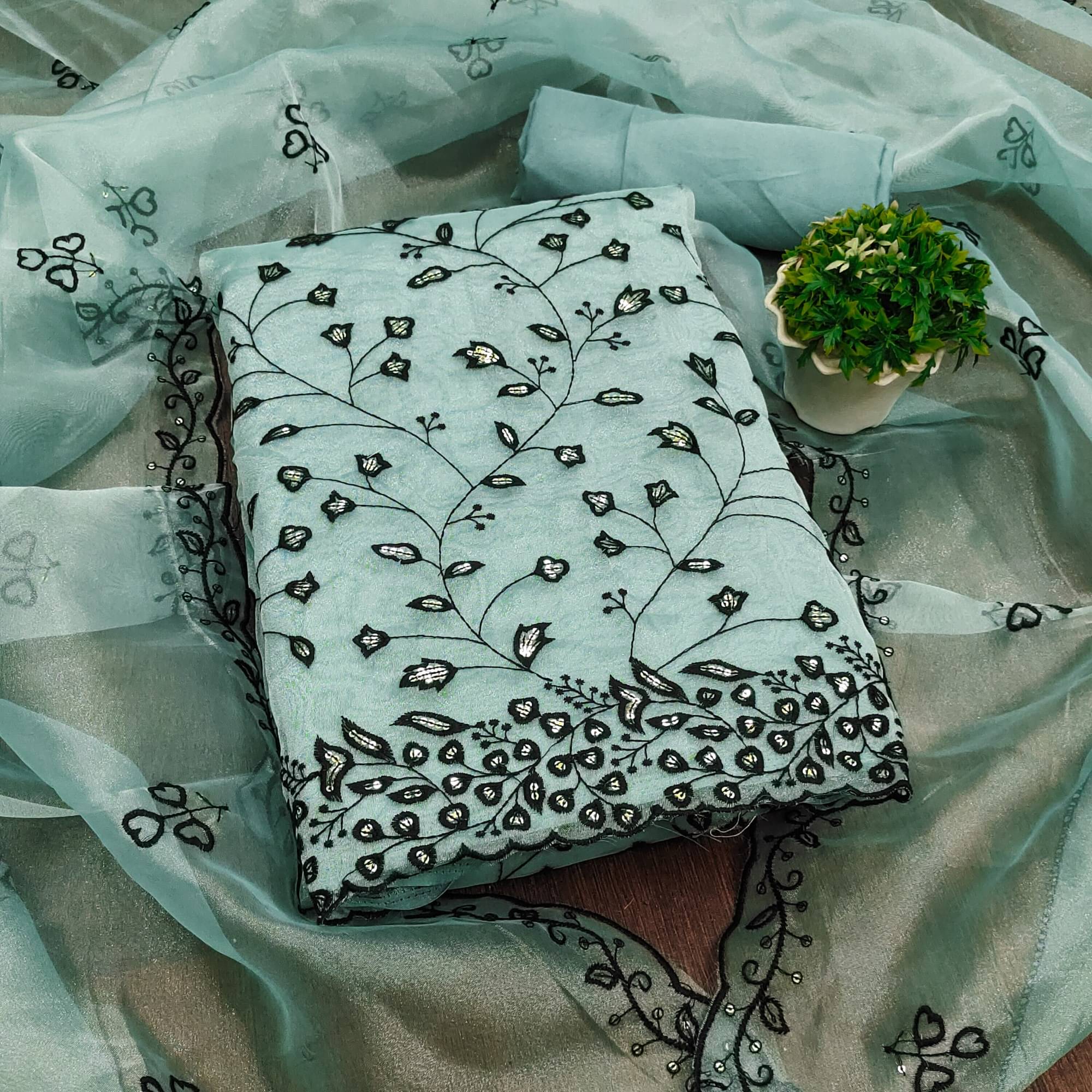     			PANZORA Women Organza Unstitched Dress Material ( Sea Green )