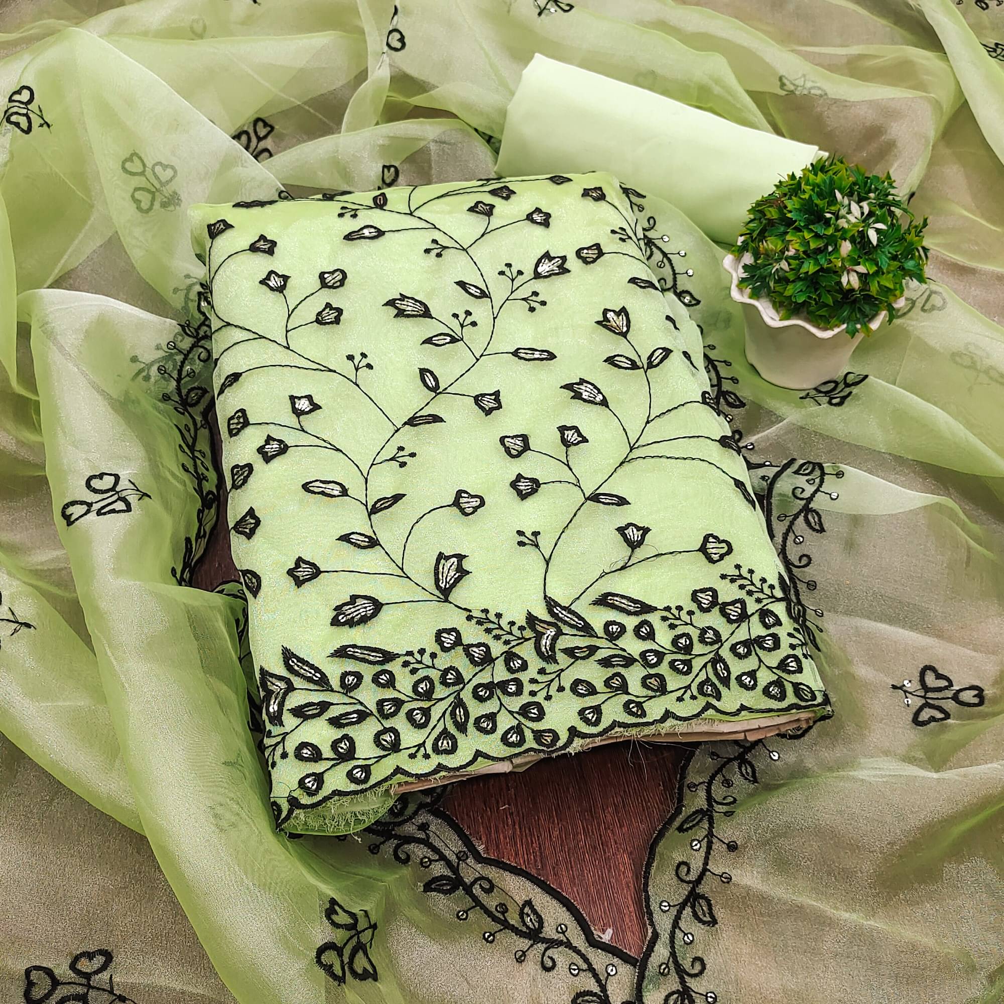     			PANZORA Women Organza Unstitched Dress Material ( Lime Green )