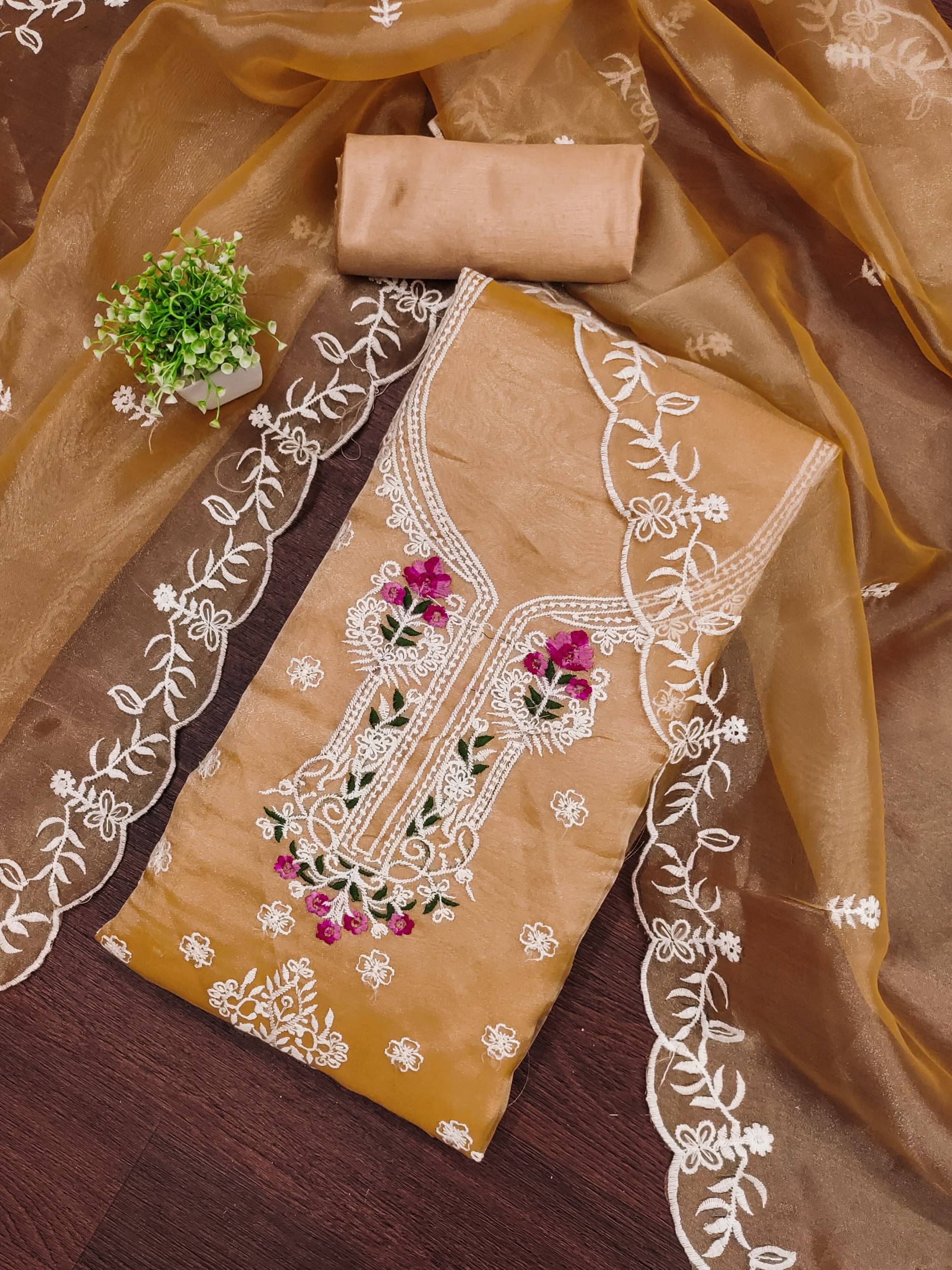     			PANZORA Women Organza Unstitched Dress Material ( Beige )