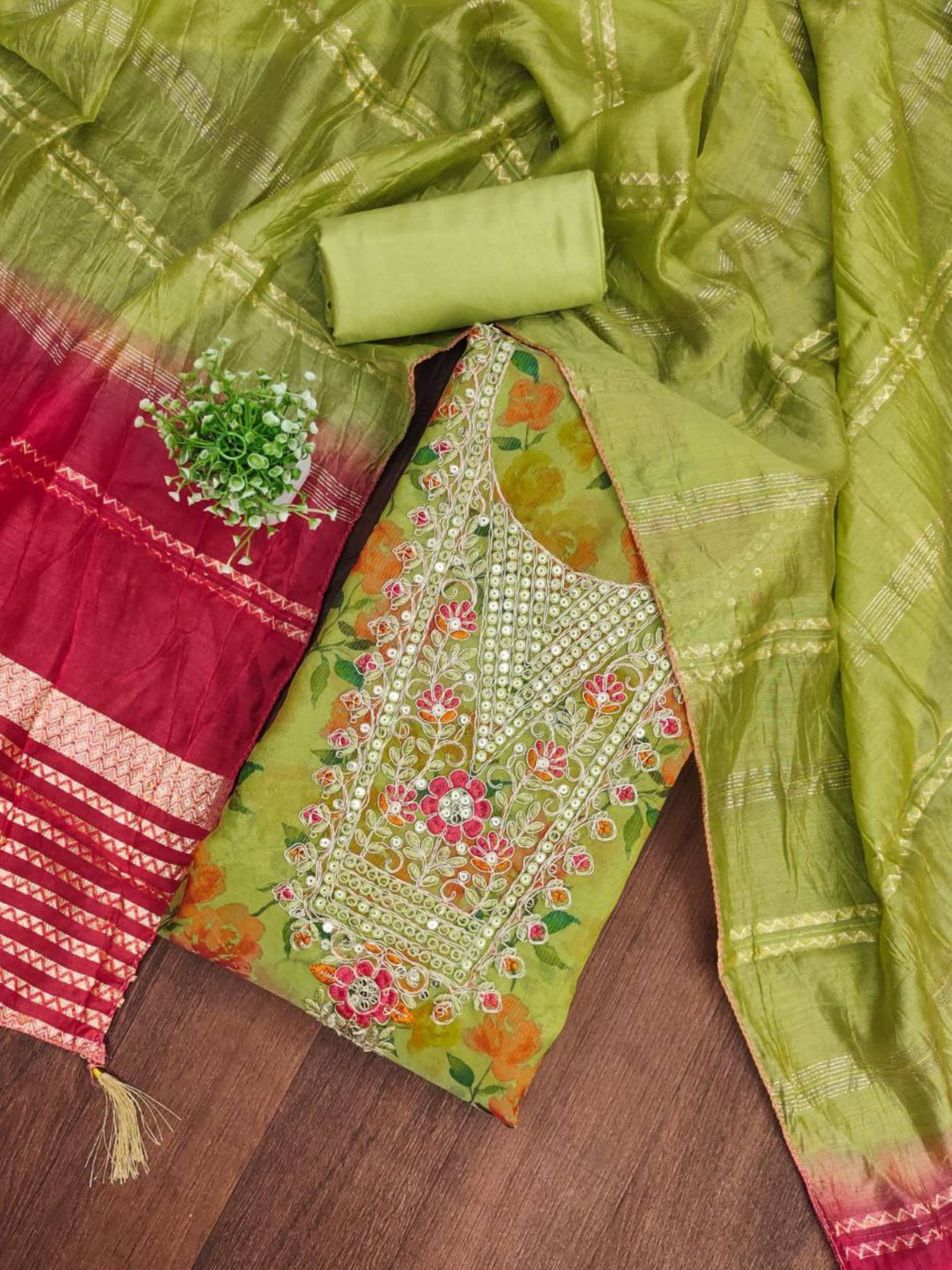     			PANZORA Women Silk Blend Unstitched Dress Material ( Green )