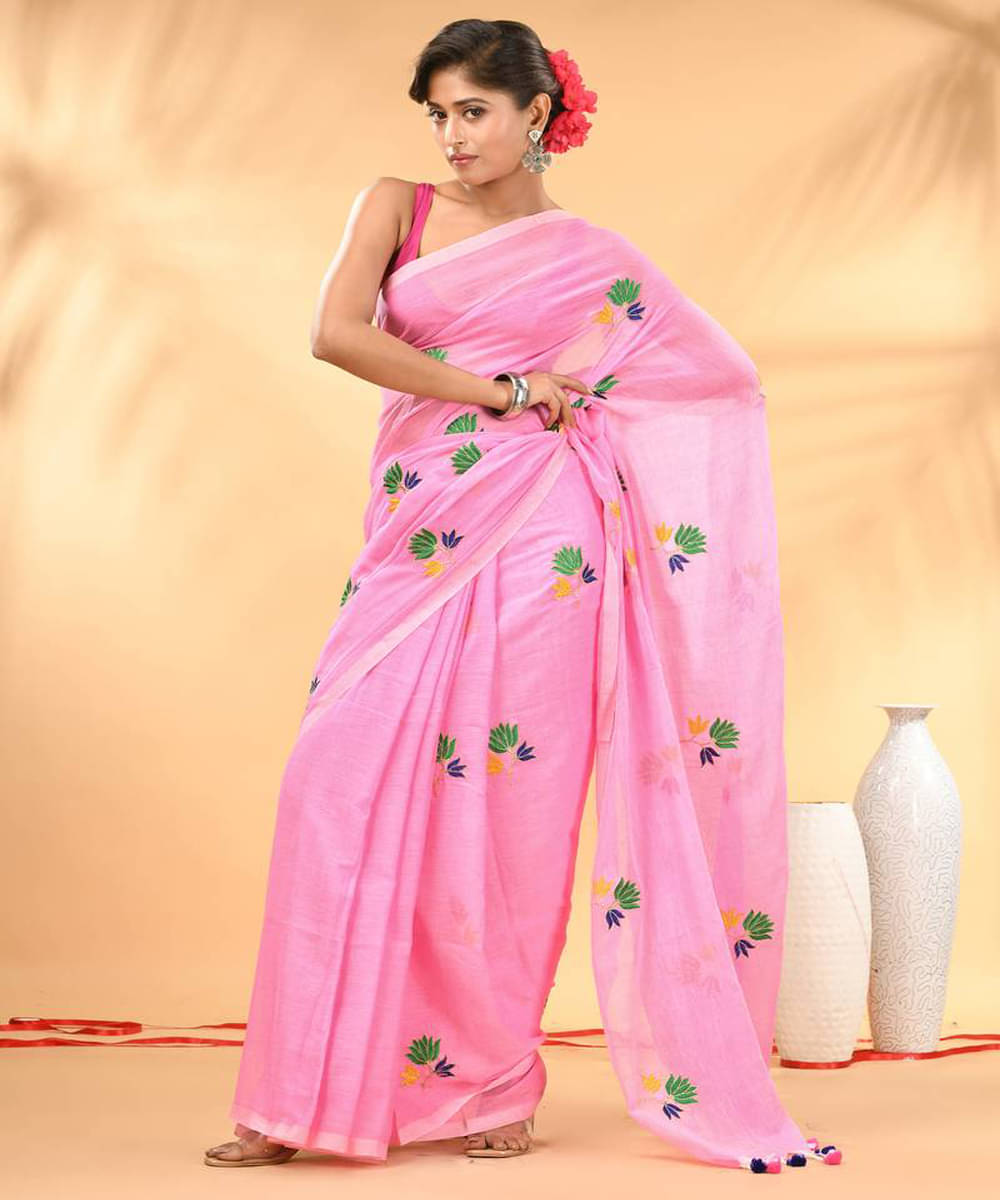     			PIYARI FASHION Cotton Blend Embroidered Regular Saree With Unstitched Blouse Piece ( Pink )