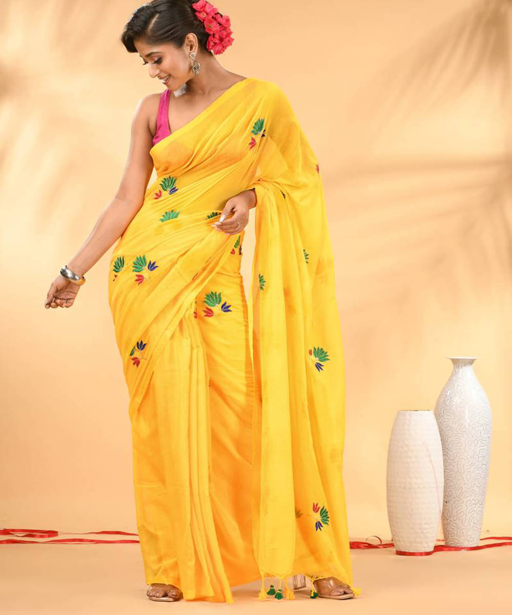     			PIYARI FASHION Cotton Blend Embroidered Regular Saree With Unstitched Blouse Piece ( Yellow )