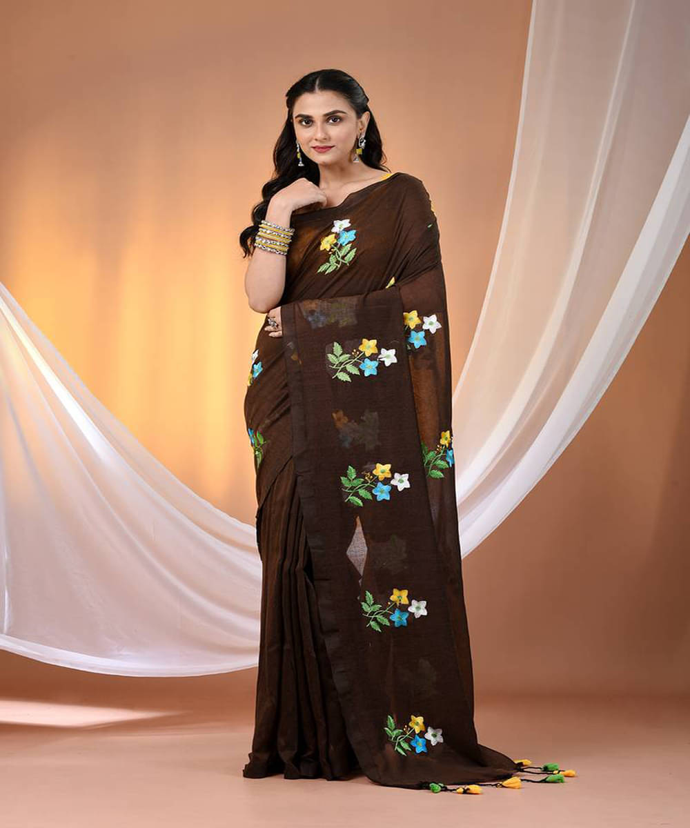 PIYARI FASHION Cotton Embroidered Jamdani Saree With Unstitched Blouse Piece ( Brown ) PIYARI FASHION Cotton Embroidered Jamdani Saree With Unstitched Blouse Piece ( Brown )