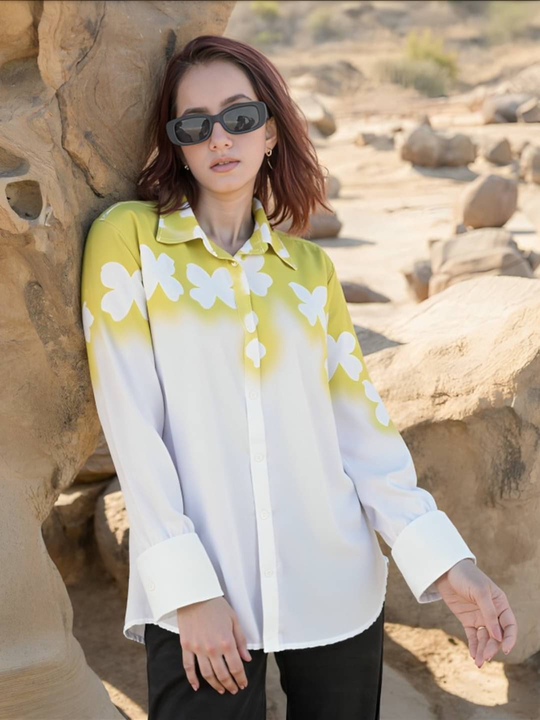 PLUS PARADISE Women Printed Cotton Shirt ( Yellow ) PLUS PARADISE Women Printed Cotton Shirt ( Yellow )