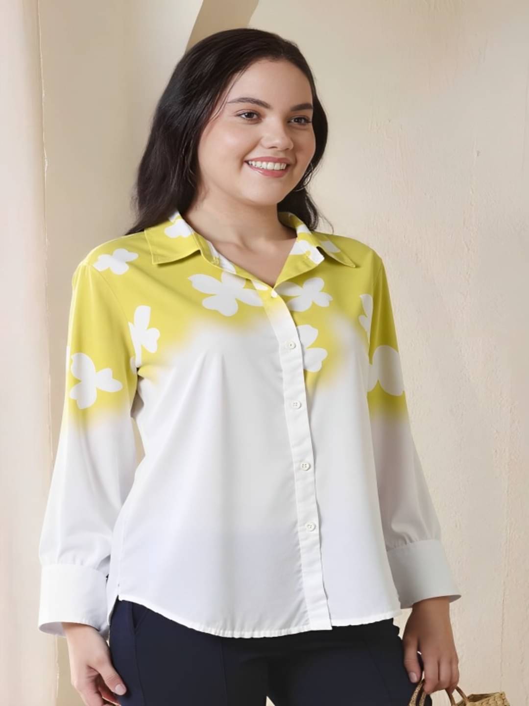 PLUS PARADISE Women Printed Cotton Shirt ( Yellow ) PLUS PARADISE Women Printed Cotton Shirt ( Yellow )
