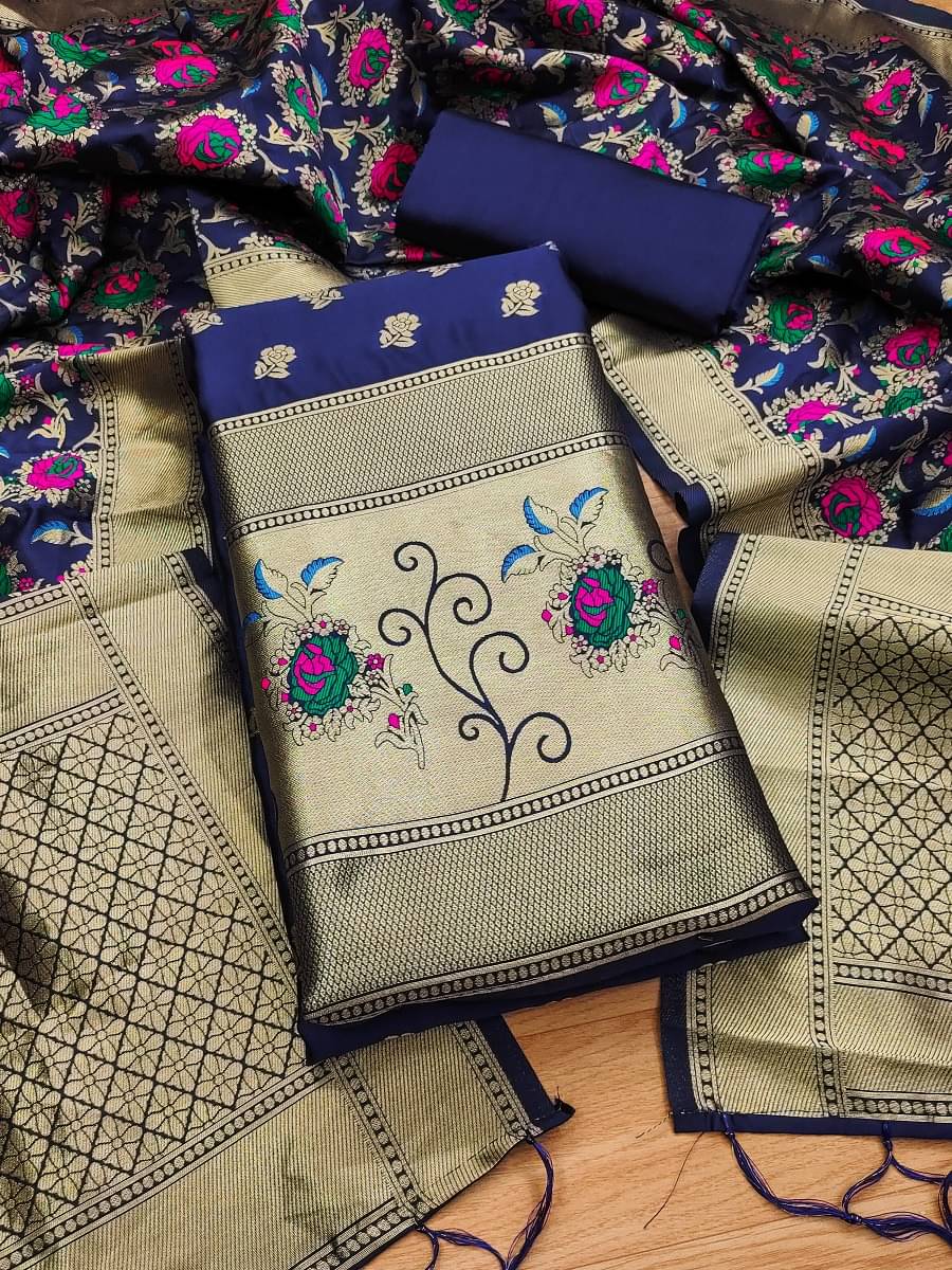     			Panbai sarees Women Banarasi Unstitched Dress Material ( Navy Blue )