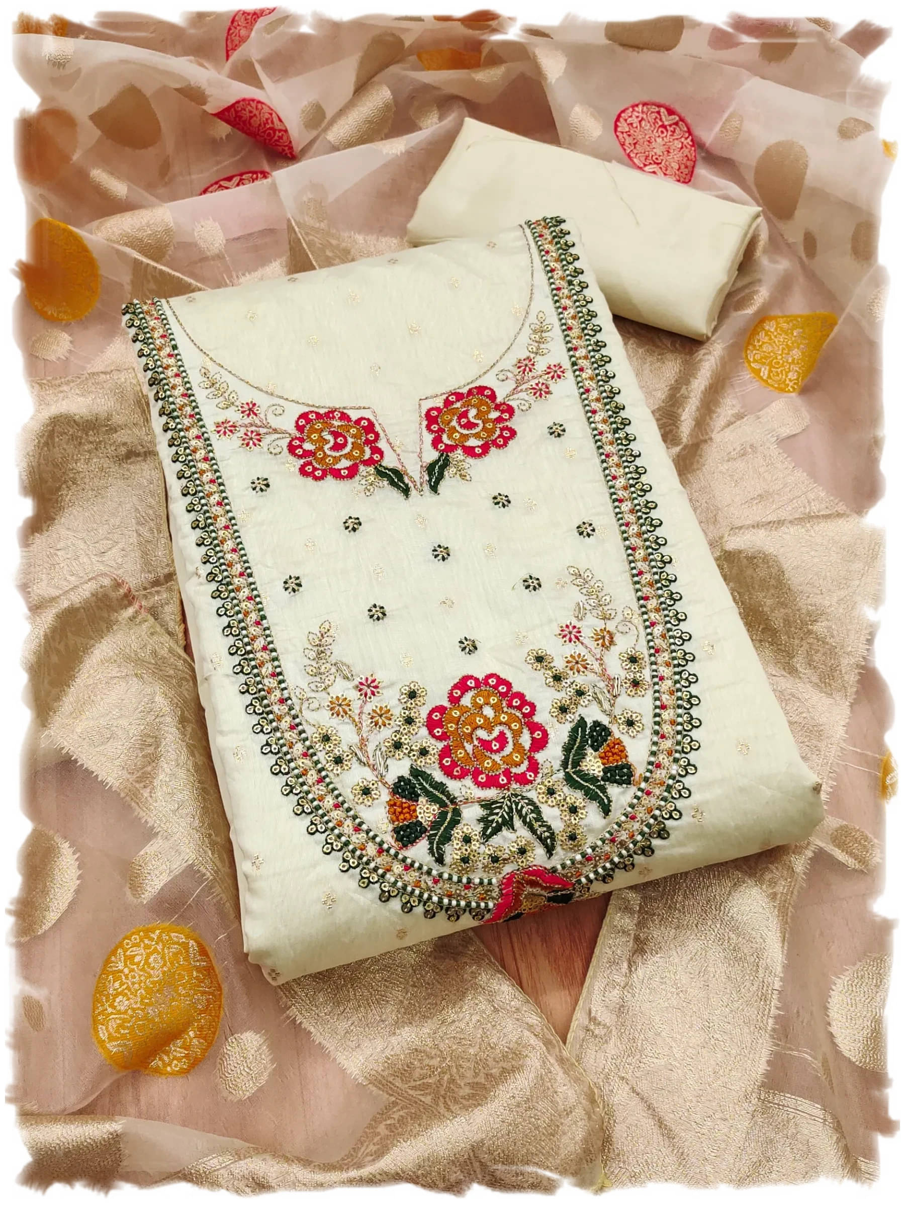Panbai sarees Women Chanderi Unstitched Dress Material ( Off White )     			Panbai sarees Women Chanderi Unstitched Dress Material ( Off White )