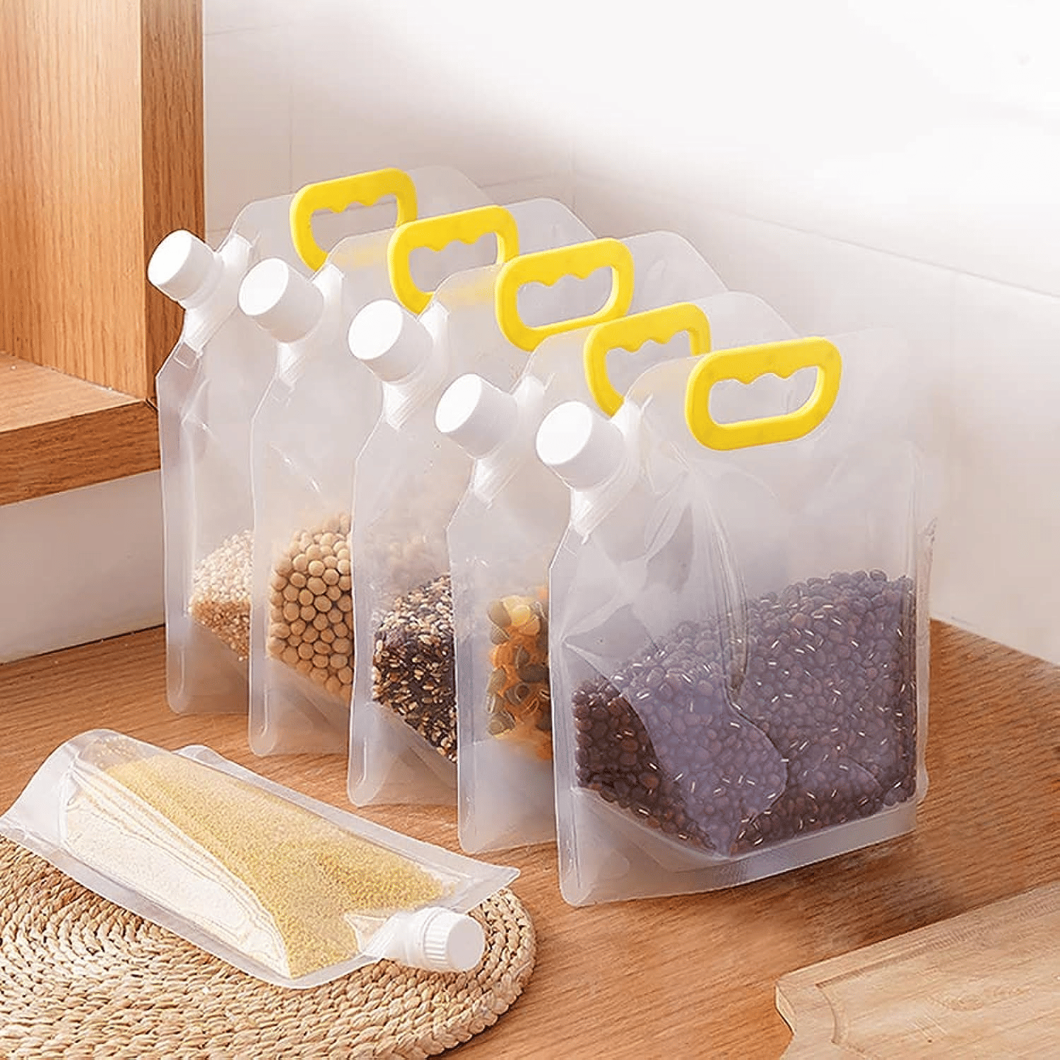     			Reusable Moisture-Proof Airtight Food Storage Pouches – Space Saving Plastic Containers for Grains, Snacks, Coffee, Sugar, Tea (Pack of 5)