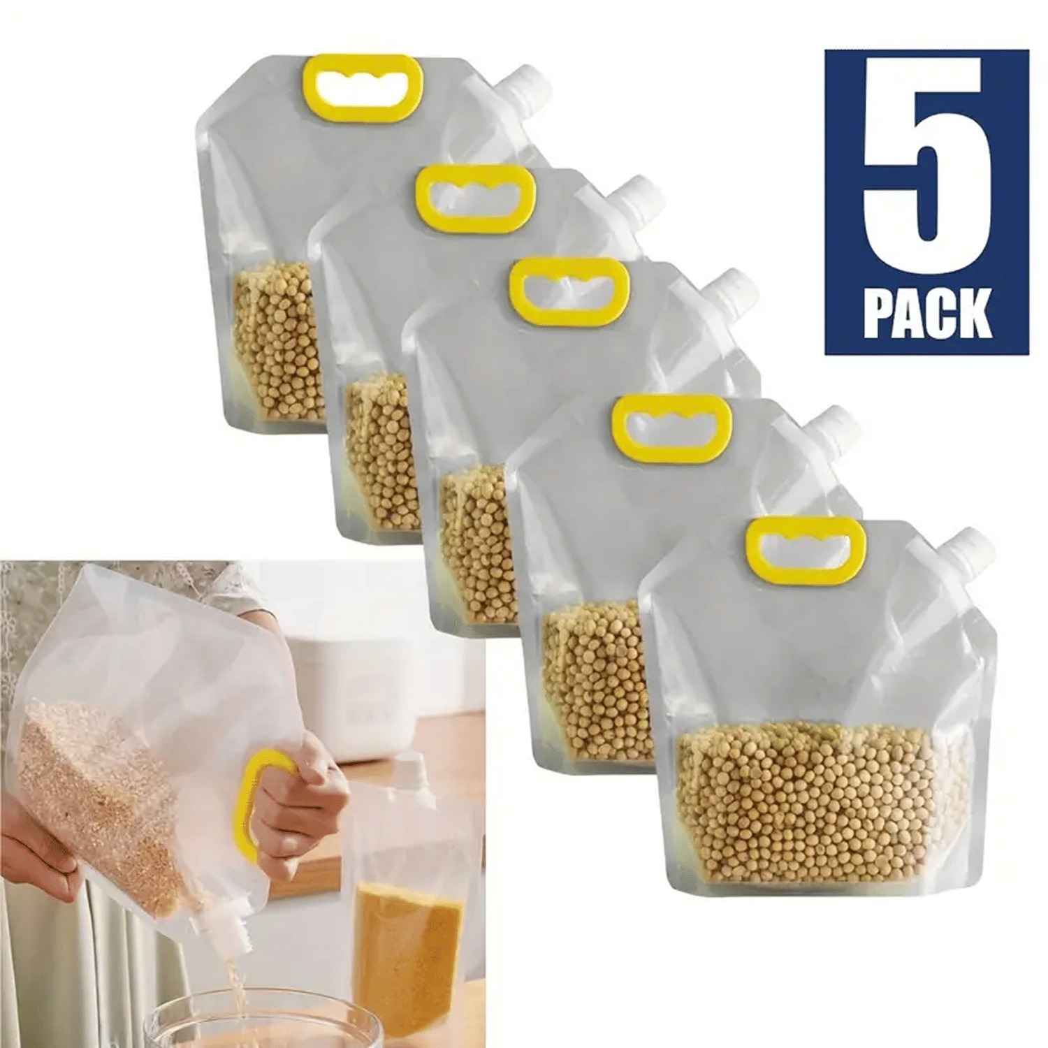     			Reusable Moisture-Proof Airtight Food Storage Pouches – Space Saving Plastic Containers for Grains, Snacks, Coffee, Sugar, Tea (Pack of 5)
