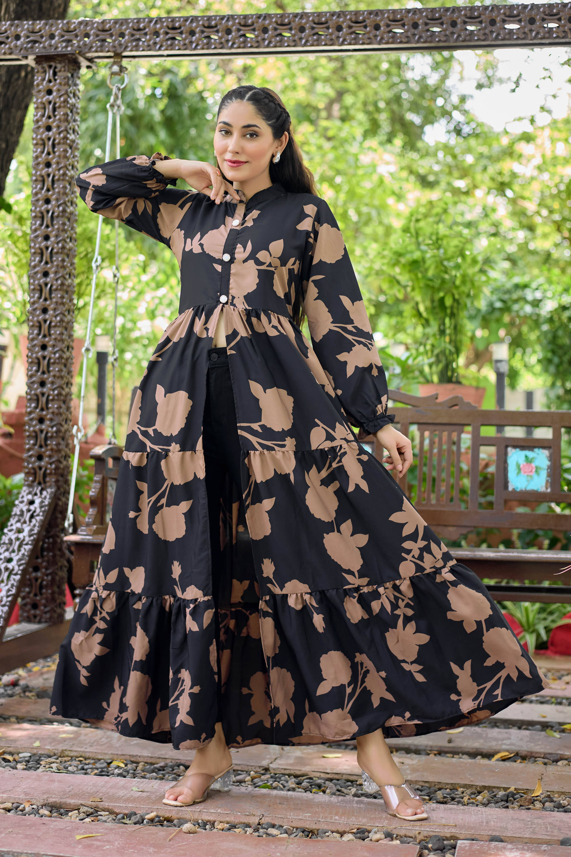 SARINKU Women Crepe Printed Anarkali Kurti with Dupatta ( Black )     			SARINKU Women Crepe Printed Anarkali Kurti with Dupatta ( Black )