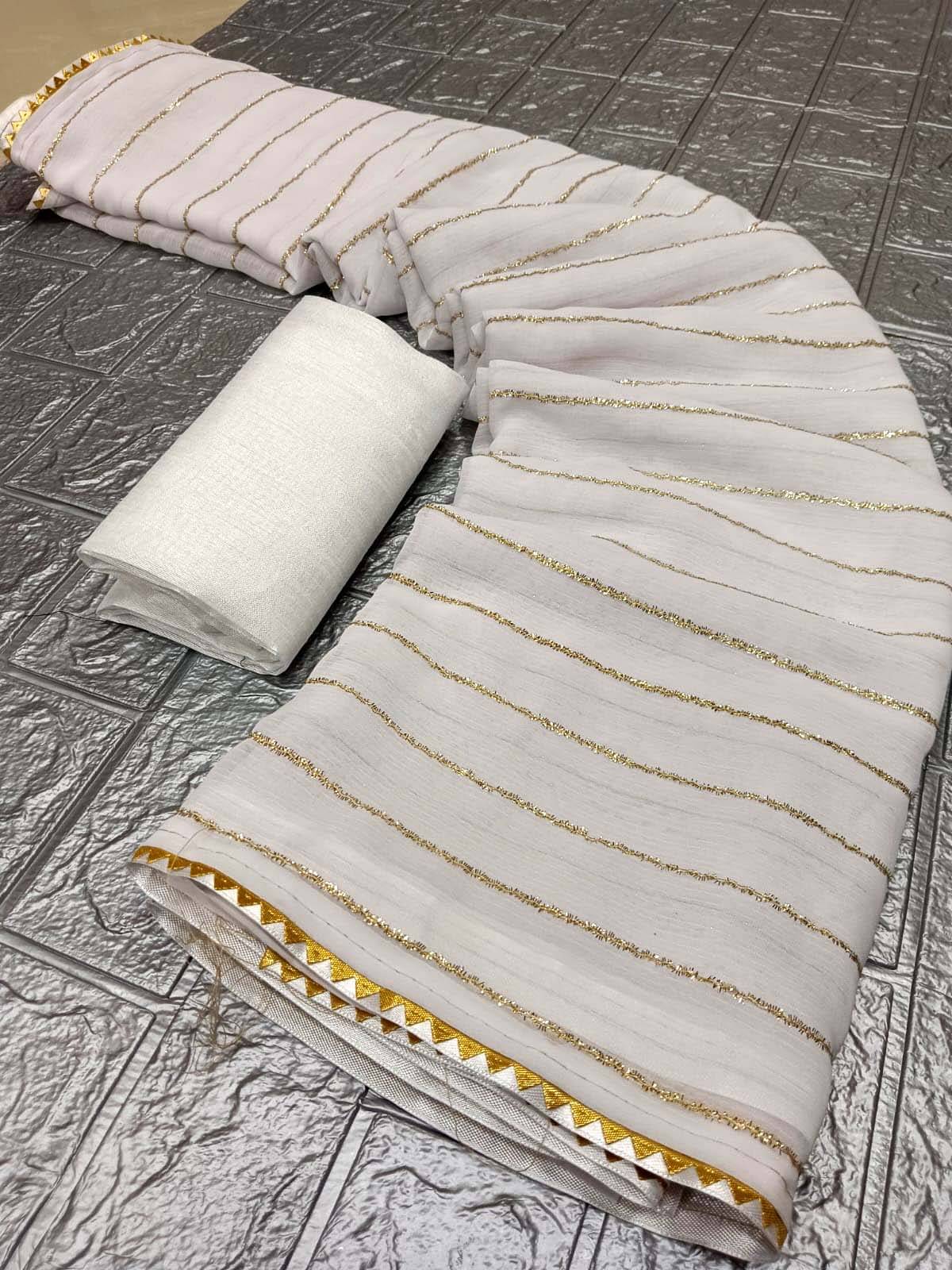     			Sareez House Chiffon Embroidered Leheriya Saree With Unstitched Blouse Piece ( White )