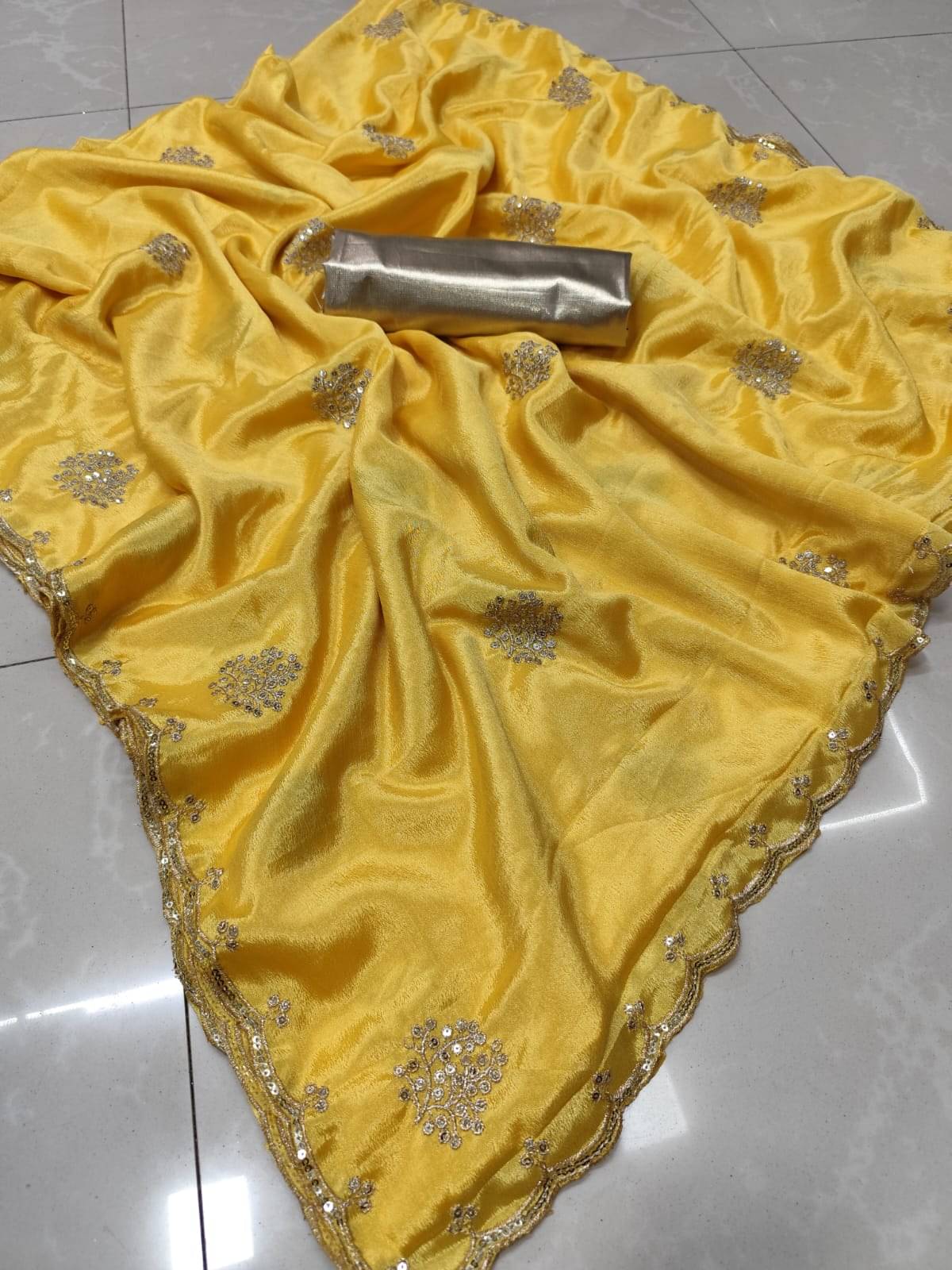 Sareez House Crepe Embroidered Regular Saree With Unstitched Blouse Piece ( Yellow1 ) Sareez House Crepe Embroidered Regular Saree With Unstitched Blouse Piece ( Yellow1 )