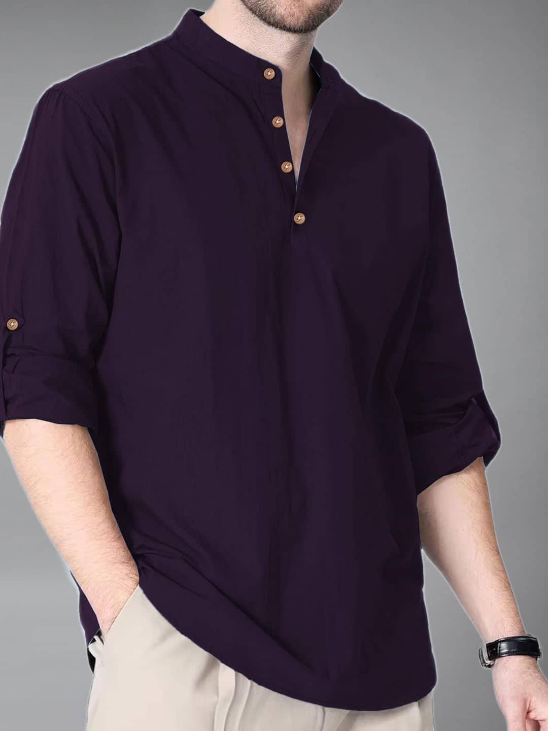 UNI VIBE Cotton Blend Plain Shirt Style Kurta For Men ( Brown ) - Kurtas & Kurta Sets | Buy online on ZillyBuy