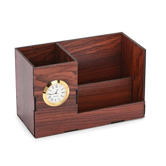 Wooden Desk Organizer Pen Stand with Quartz Clock – 3-Compartment Stationery Holder for Office, Study Table & Gifting