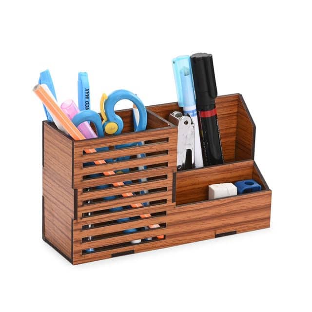 Wooden Multi-Compartment Pen Stand Desk Organizer – Laser Cut Stationery Holder for Office, School & Study Table Use