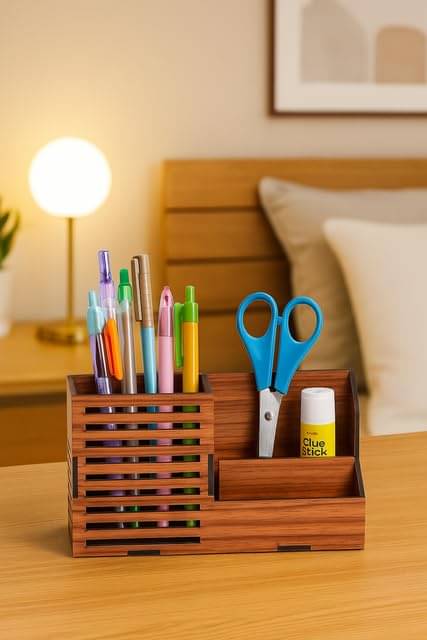 Wooden Multi-Compartment Pen Stand Desk Organizer – Laser Cut Stationery Holder for Office, School & Study Table Use Wooden Multi-Compartment Pen Stand Desk Organizer – Laser Cut Stationery Holder for Office, School & Study Table Use