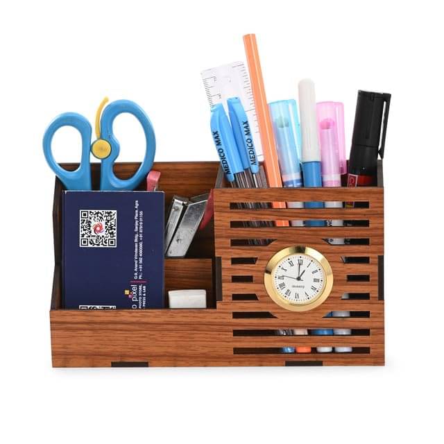     			Wooden Pen Stand Desk Organizer with Analog Clock – 3 Compartment Office & Study Table Stationery Holder