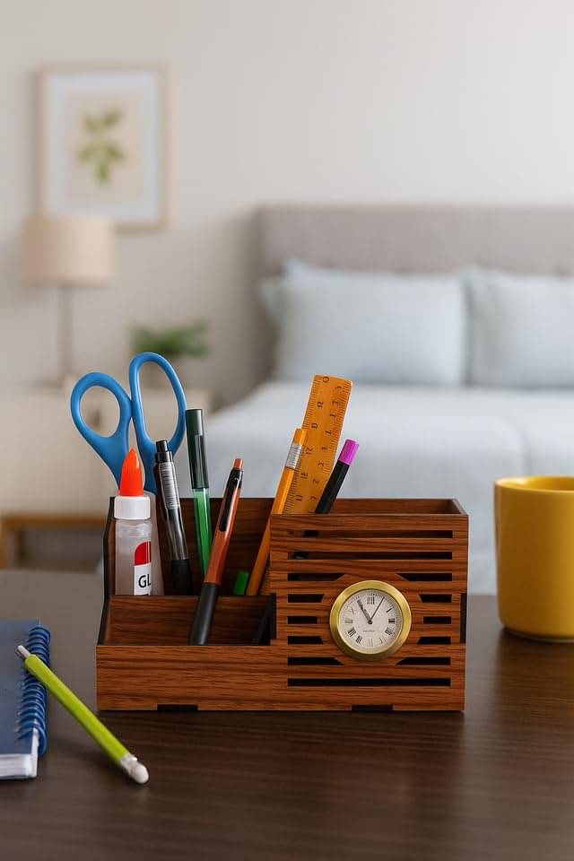 Wooden Pen Stand Desk Organizer with Analog Clock – 3 Compartment Office & Study Table Stationery Holder Wooden Pen Stand Desk Organizer with Analog Clock – 3 Compartment Office & Study Table Stationery Holder