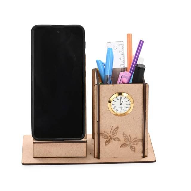     			Wooden Pen Stand with Mobile Holder & Clock – 2-in-1 Desk Organizer with Butterfly Engraving for Office & Study Table Use