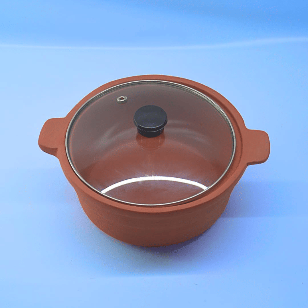     			klassy finds clay pot-2 Non Coated Clay Pot Set Heavy Bottom with Glass Lid 30 cm Diameter 2.5 Ltr
