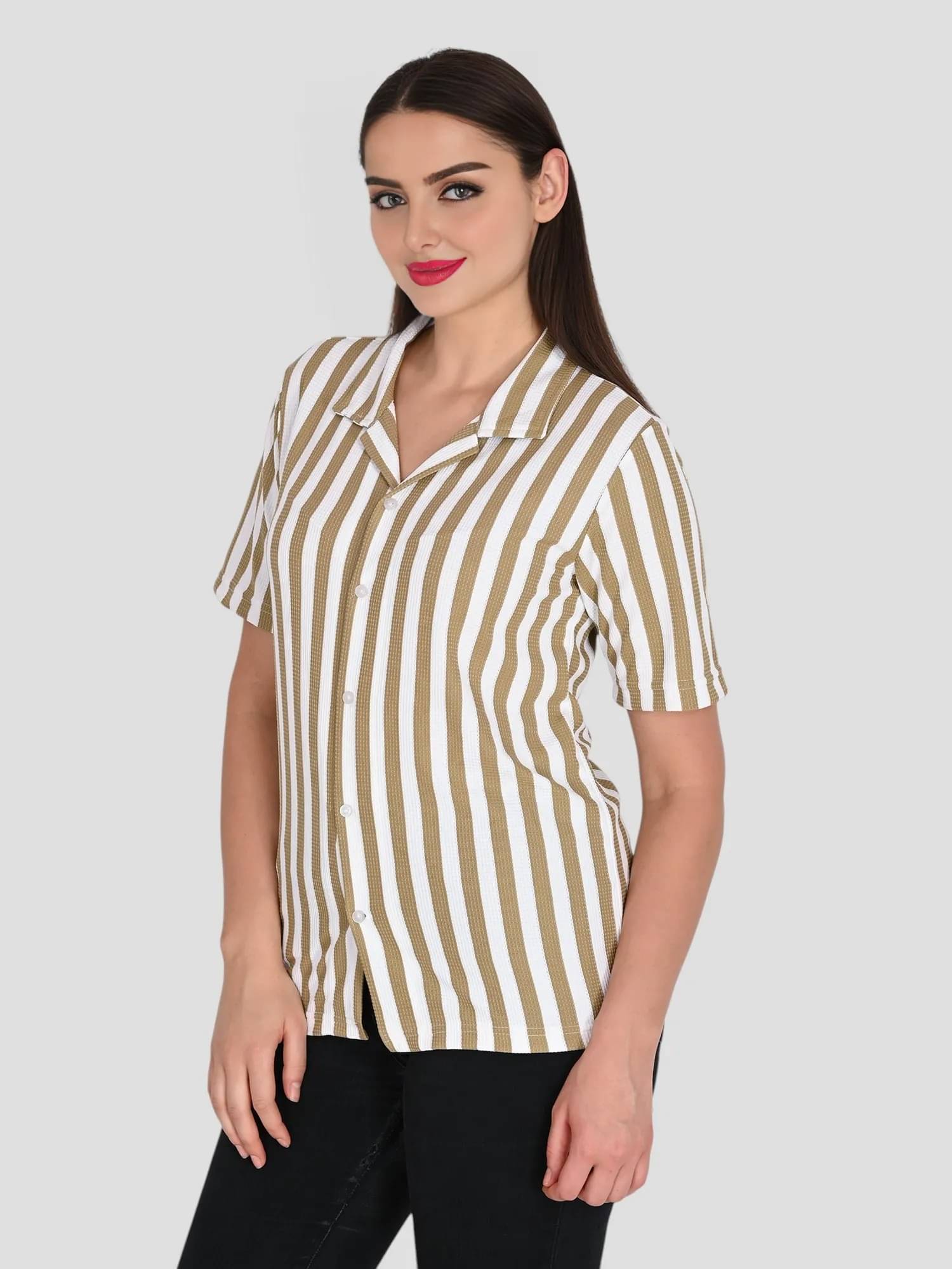     			wanquila Women Striped Cotton Shirt ( Brown )