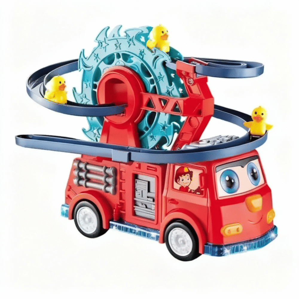     			5 in 1 Fire Engine Slide Toy Set, Automatic Slide Down Duck Toy Race Track Toy Rotating Ferris Wheel Toy Duck Slide Toy Fire Truck Toy with Movable Eyes, Music & Lights