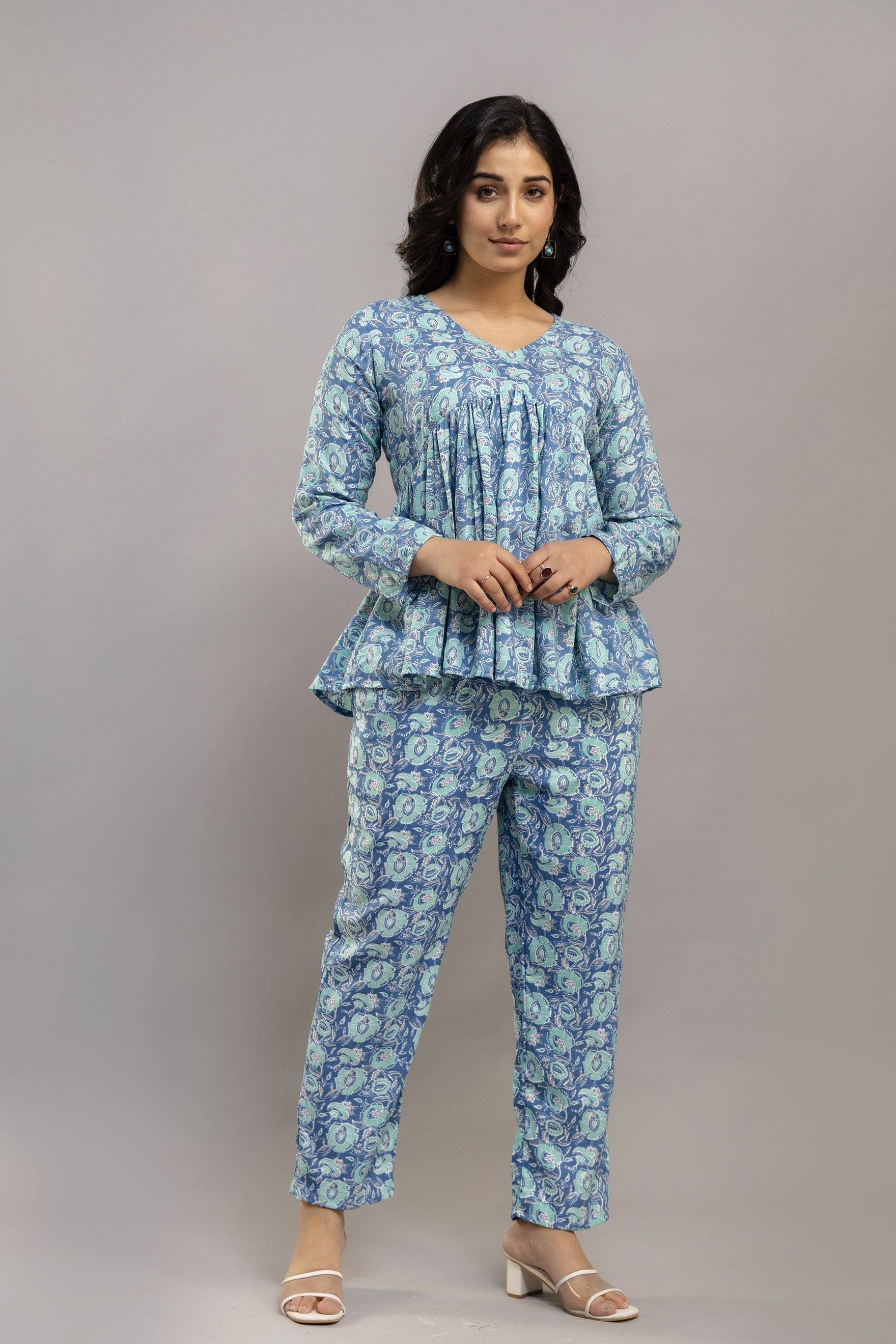     			Aurelia Trend Women Printed Top With Trousers Co-Ord Set ( Blue )