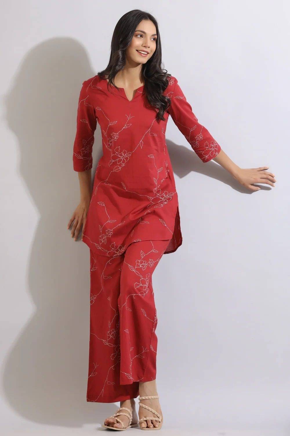     			Aurelia Trend Women Printed Tunic With Palazzos Co-Ord Set ( Red )