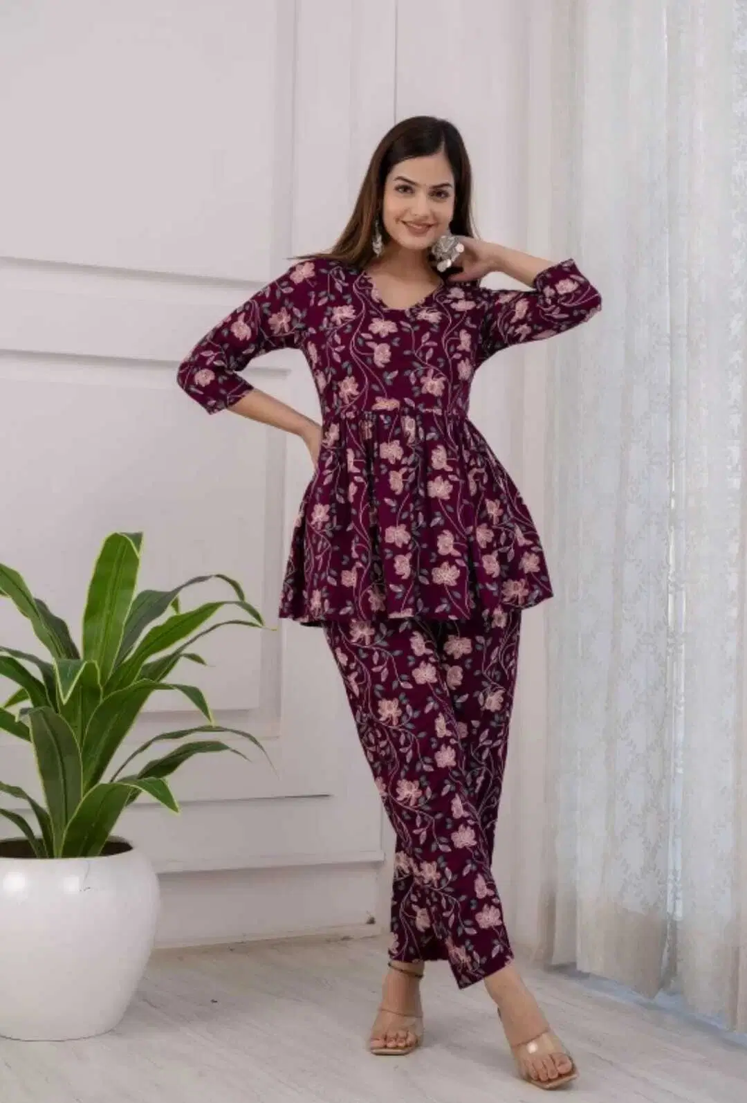     			Aurelia Trend Women Printed Tunic With Trousers Co-Ord Set ( Maroon )